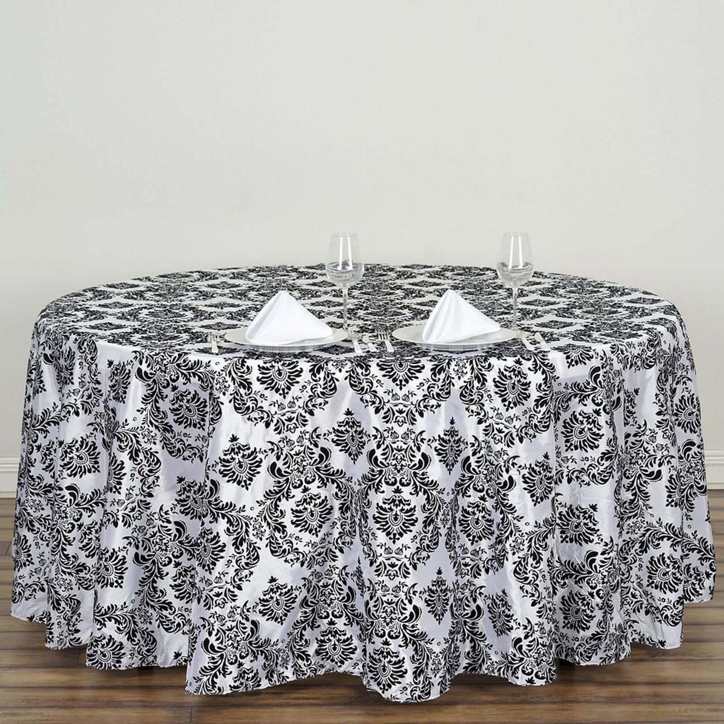 Taffeta 120" Round Tablecloth Black - Seamless Velvet Flocking Damask Design for Sophisticated Gatherings