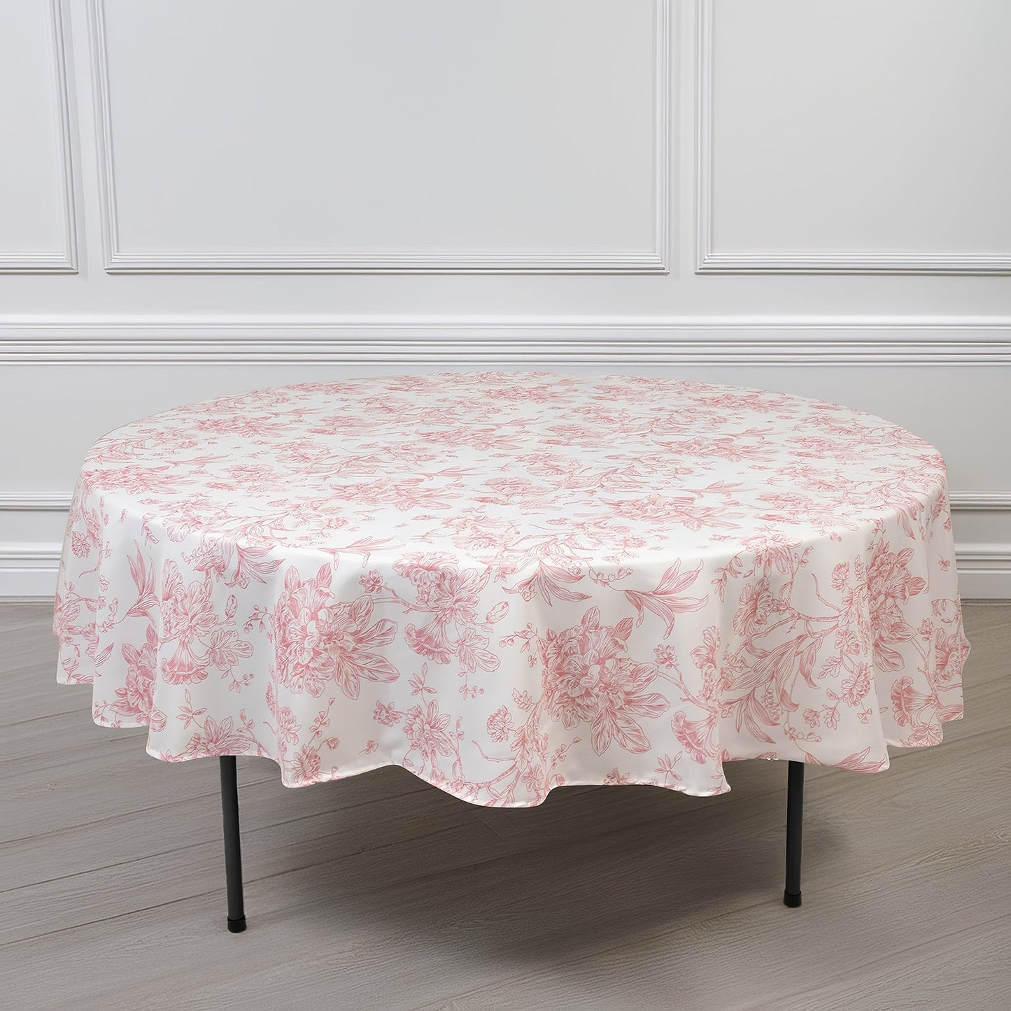 Polyester 90" Round Tablecloth White - Pink French Toile Pattern for Chic Weddings