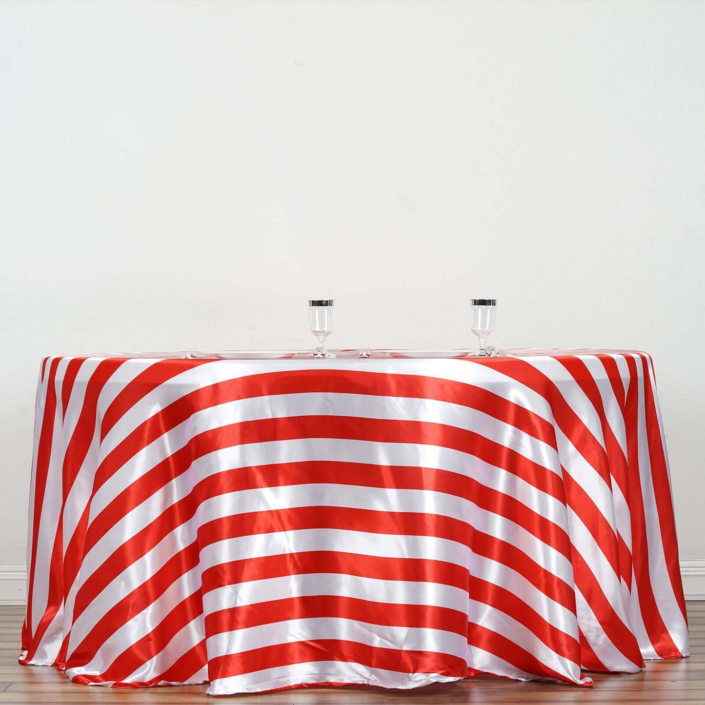 Satin 120" Round Tablecloth Red/White - Stripe Design with Seamless Silky Smooth Finish Table Cover