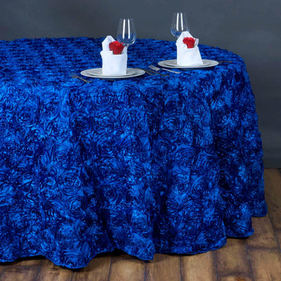 Satin 132" Round Tablecloth Royal Blue - Seamless Grandiose 3D Rosette Table Cover