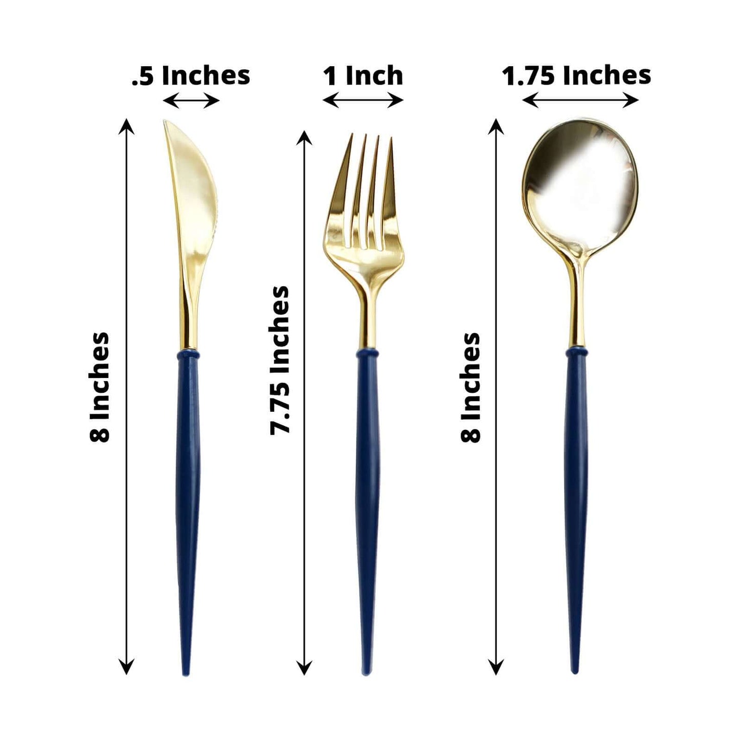 24-Pack Plastic Flatware Set in Metallic Gold with Royal Blue Handle - Heavy Duty Disposable Modern Silverware 8"