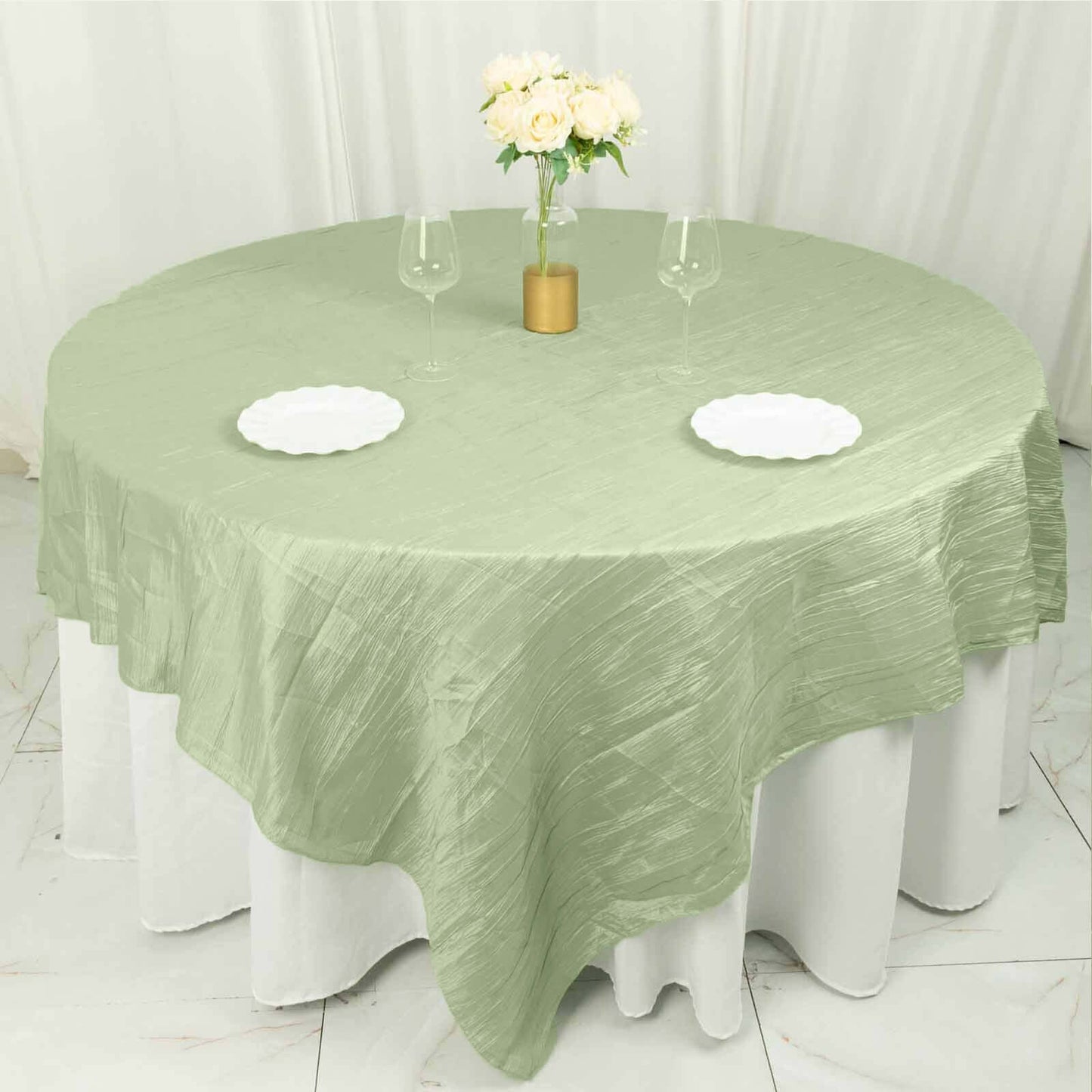 Taffeta 90"x90" Table Overlay Square Tablecloth Sage Green - Accordion Crinkle Table Cover