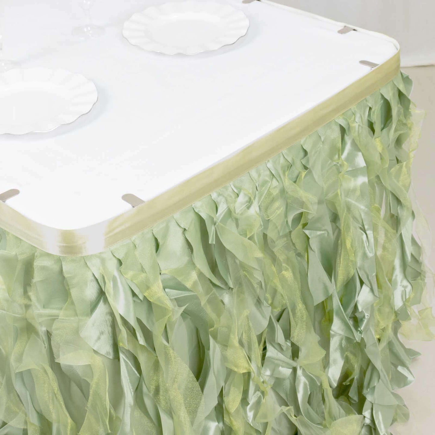 Taffeta 14ft Table Skirt Sage Green - Cascading Curly Willow Style Table Cover
