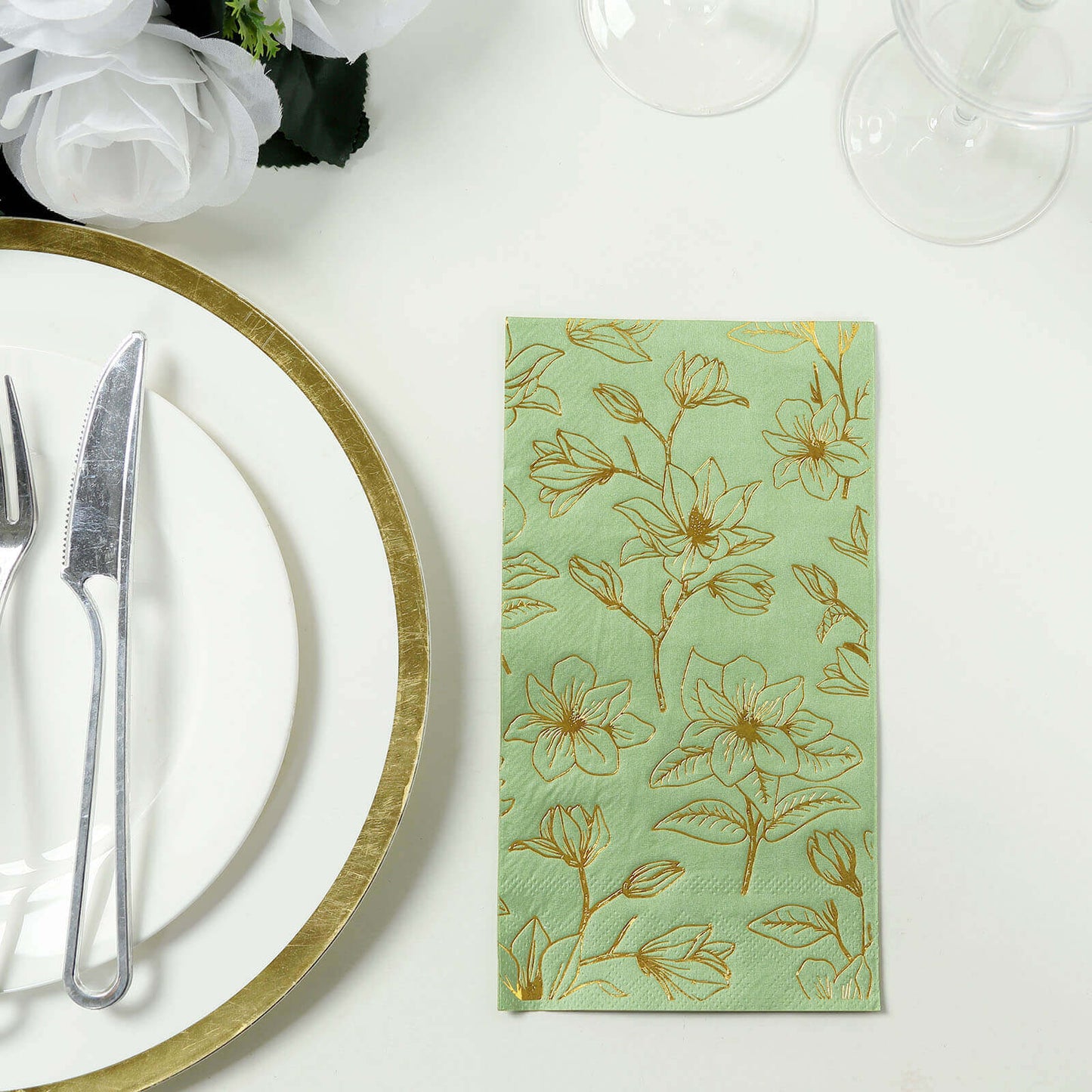 50-Pack Paper Dinner Napkins Sage Green with Gold Magnolia Flowers Print 2-Ply - Disposable Soft Napkins for Parties