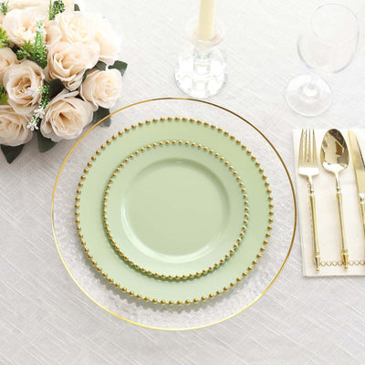 10-Pack Sage Green Plastic Dessert Plates â€“ 8" Round with Gold Beaded Rim, Disposable for Parties & Events