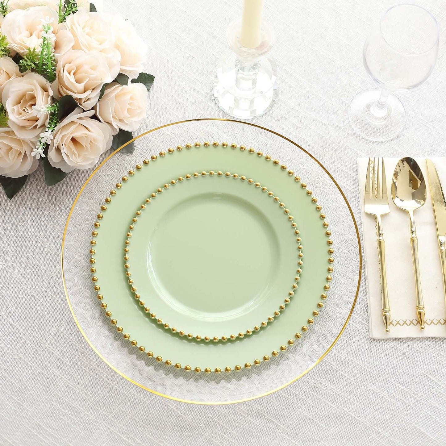 10-Pack Plastic 10" Round Dinner Plates in Sage Green with Gold Beaded Rim - Disposable Party Plates for Banquets & Festive Occasions