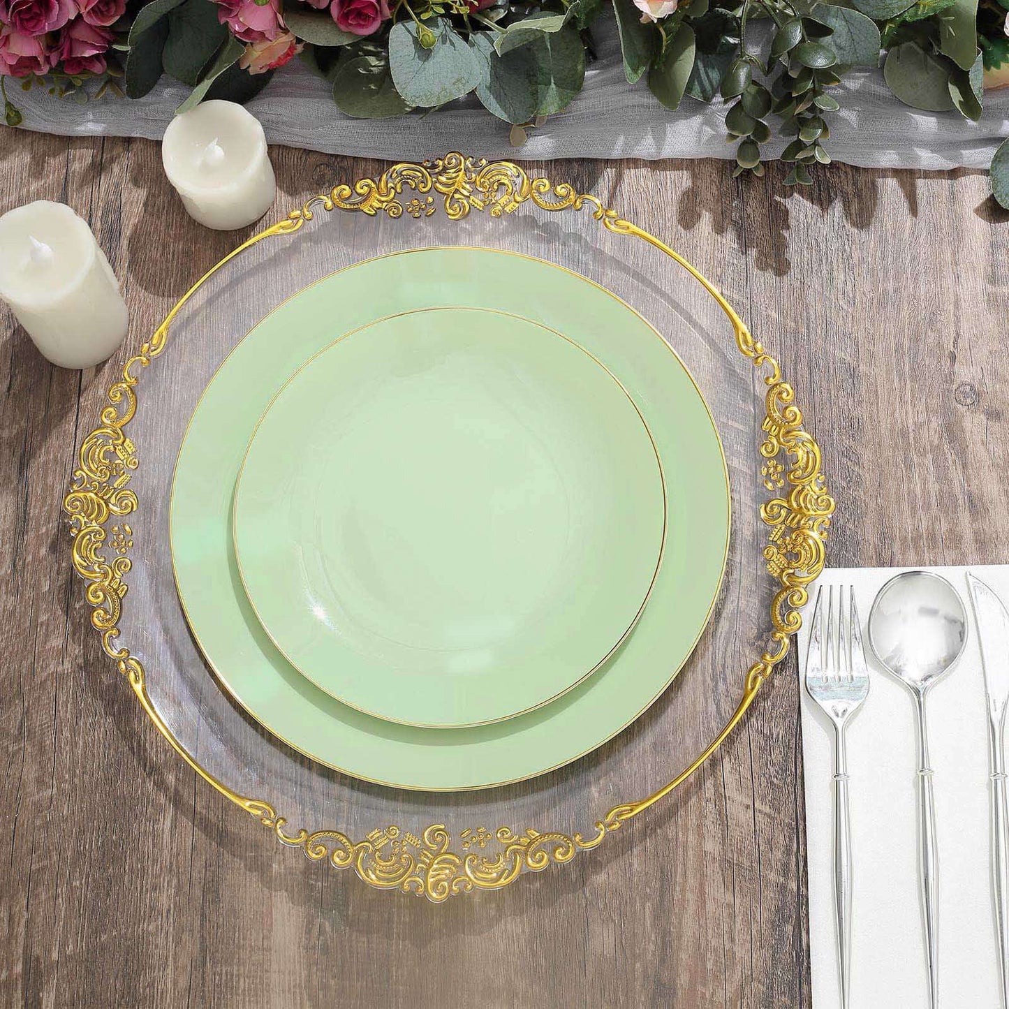 10-Pack Plastic 8" Round Dessert Plates in Sage Green with Gold Rim - Glossy Disposable Appetizer Salad Plates