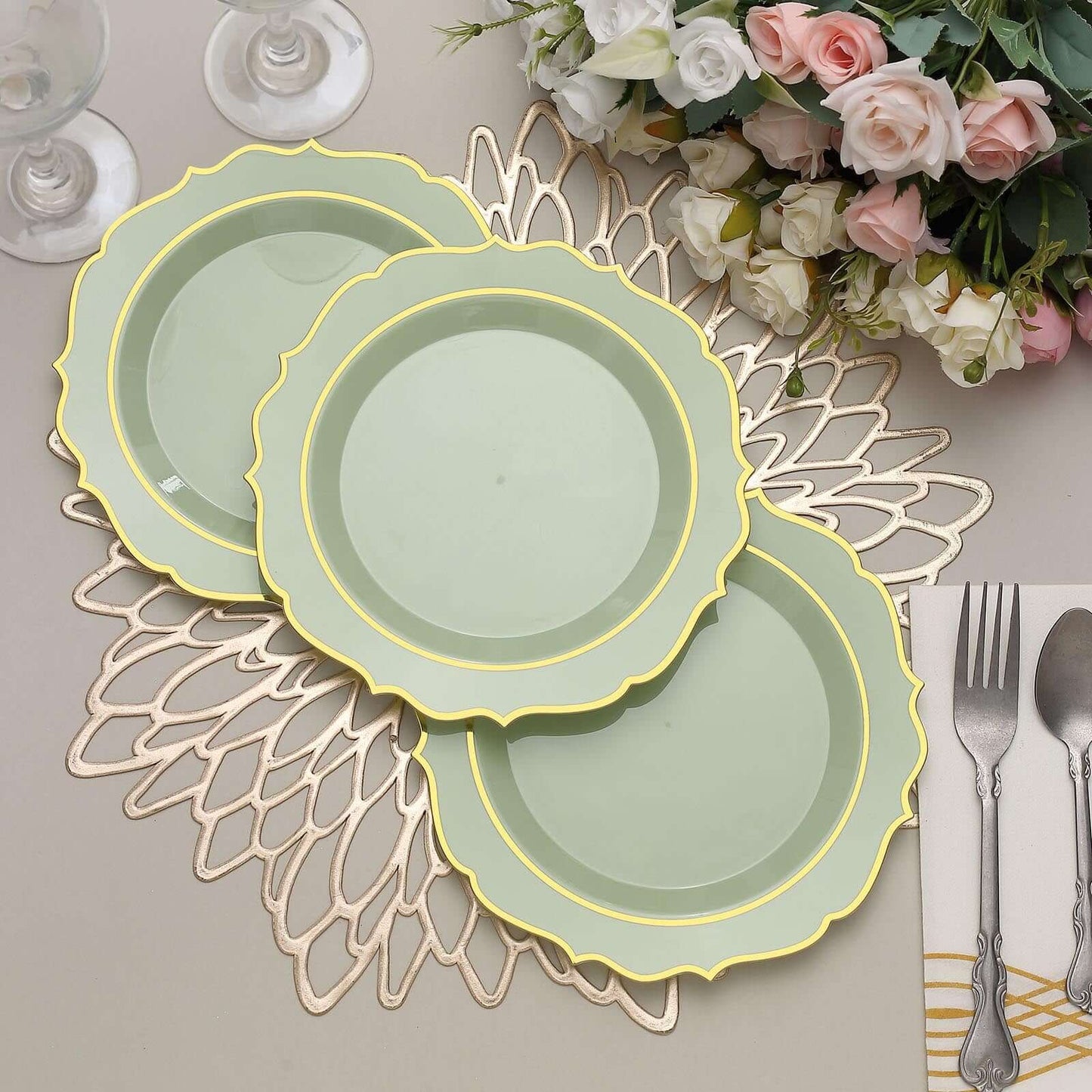 10-Pack Plastic 8" Round Dessert Plates in Sage Green with Gold Scalloped Rim - Disposable Appetizer/Salad Plates