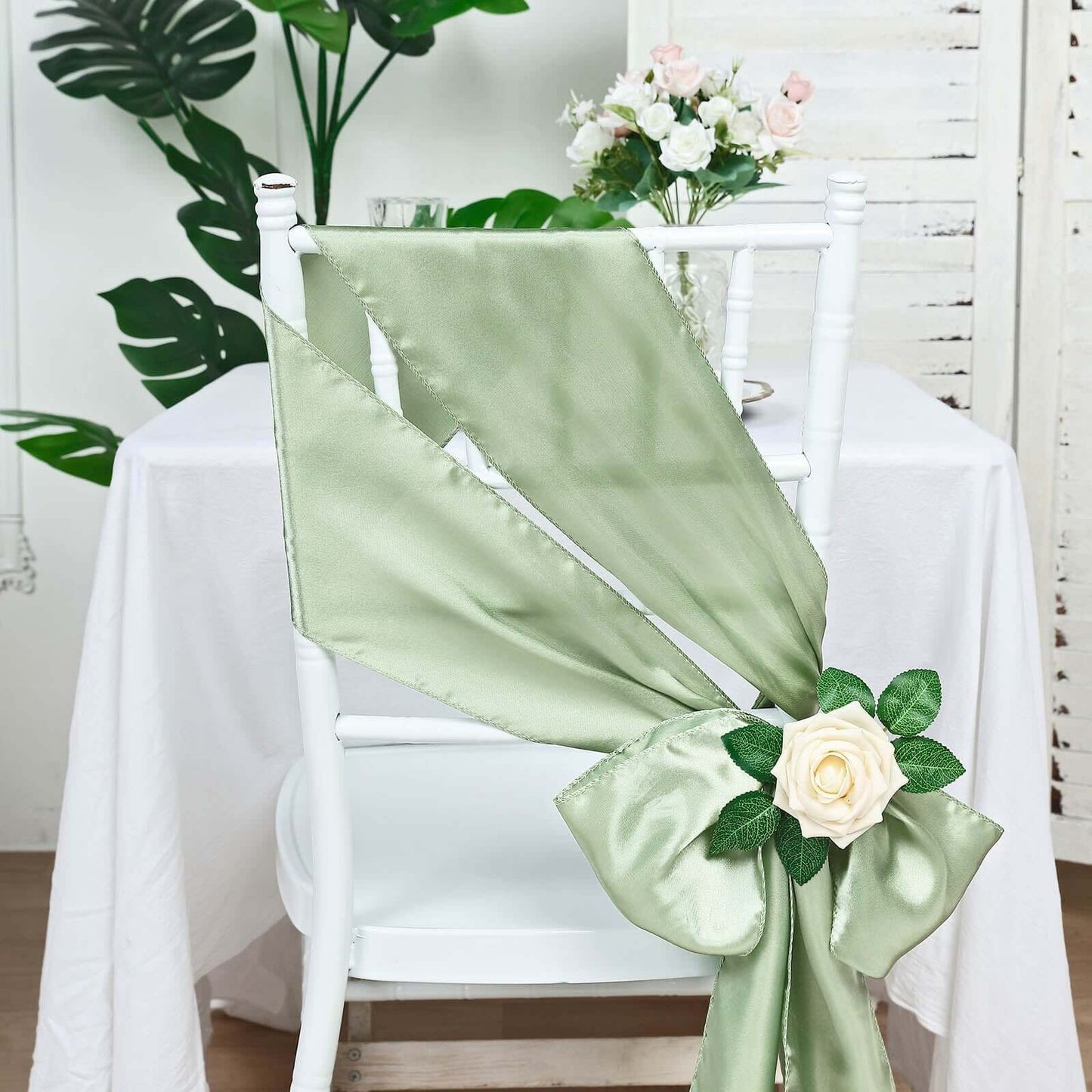 5 Pack Satin Chair Sashes Sage Green - Durable Chair Bows with Shiny Finish 6"x106"