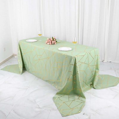Polyester 90"x156" Rectangle Tablecloth Sage Green Seamless with Gold Foil Geometric Pattern - Wrinkle-Resistant Seamless Table Cover for Sophisticated Events