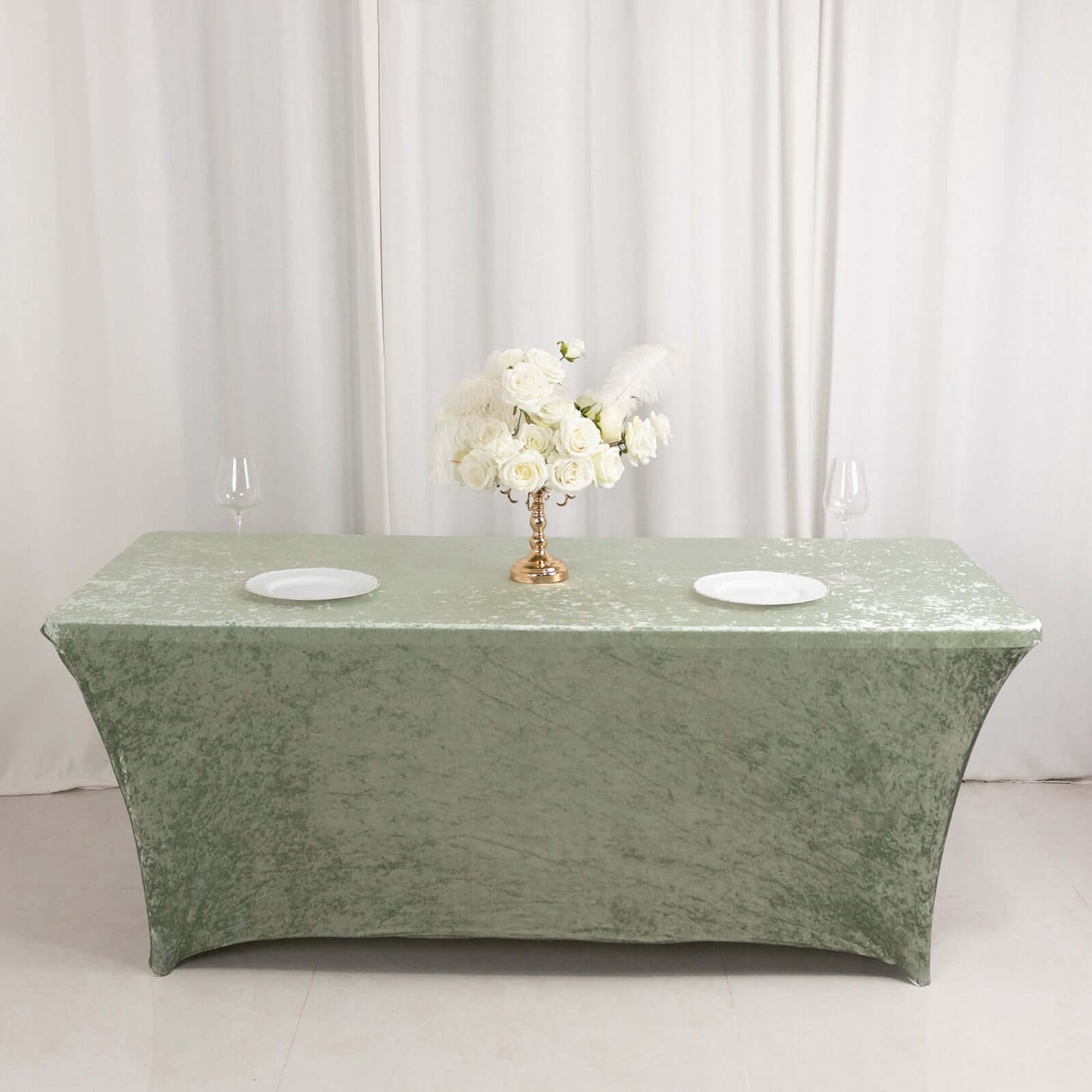 Crushed Velvet Fitted Rectangular 6ft Table Cover Sage Green - Wrinkle-Free Stretchy Tablecloth