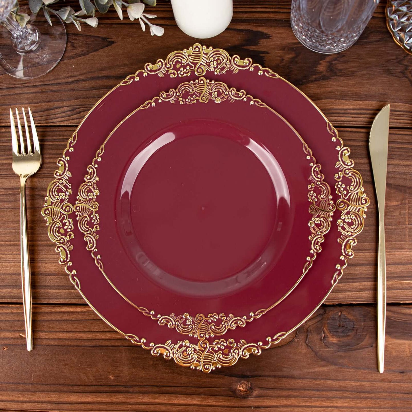10-Pack Plastic 8" Round Dessert Plates in Burgundy with Gold Leaf Embossed Rim for Gatherings & Events