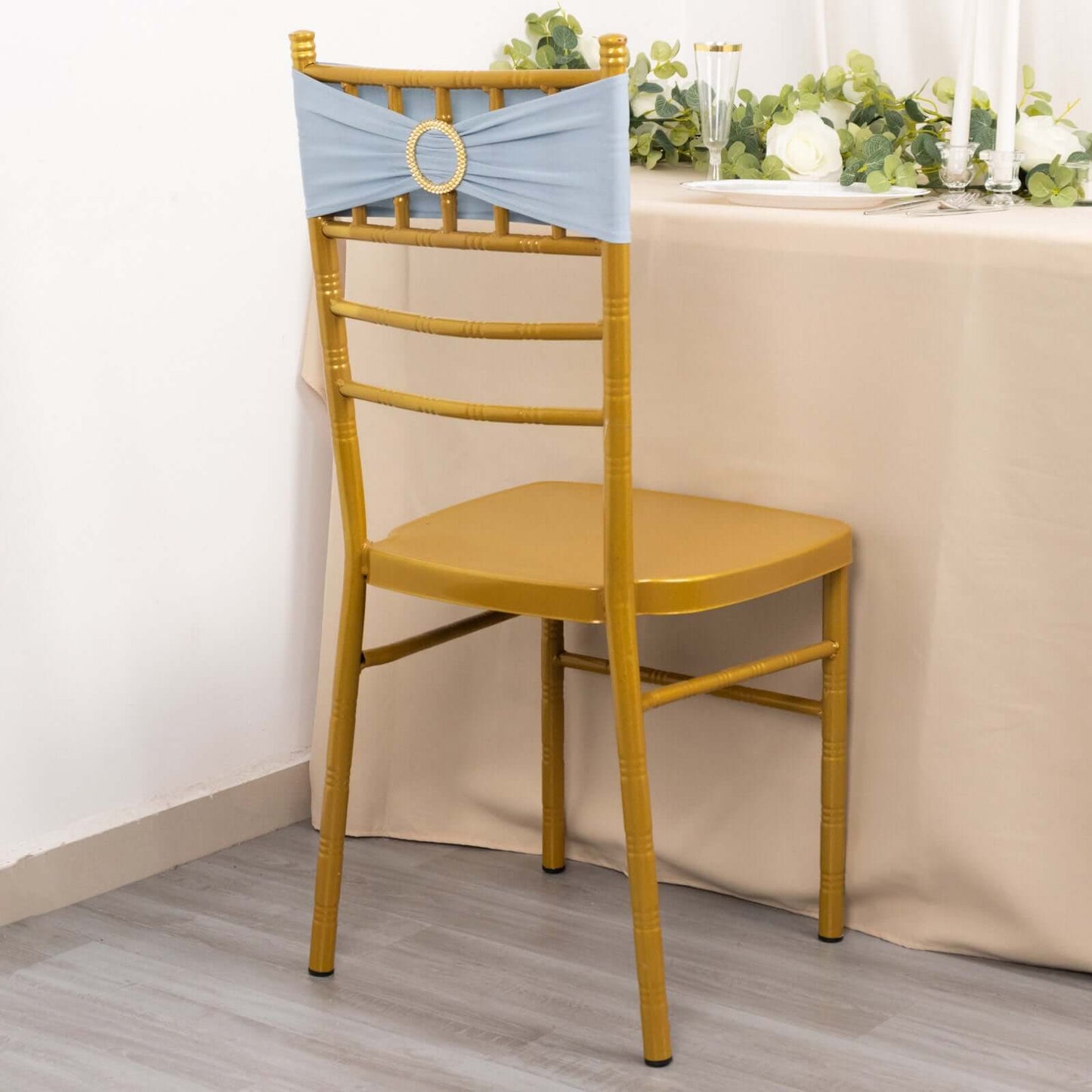 5 Pack Spandex Chair Sashes Dusty Blue with Gold Rhinestone Buckles - Reusable Four-Way Stretch Sash Bands 5"x14"