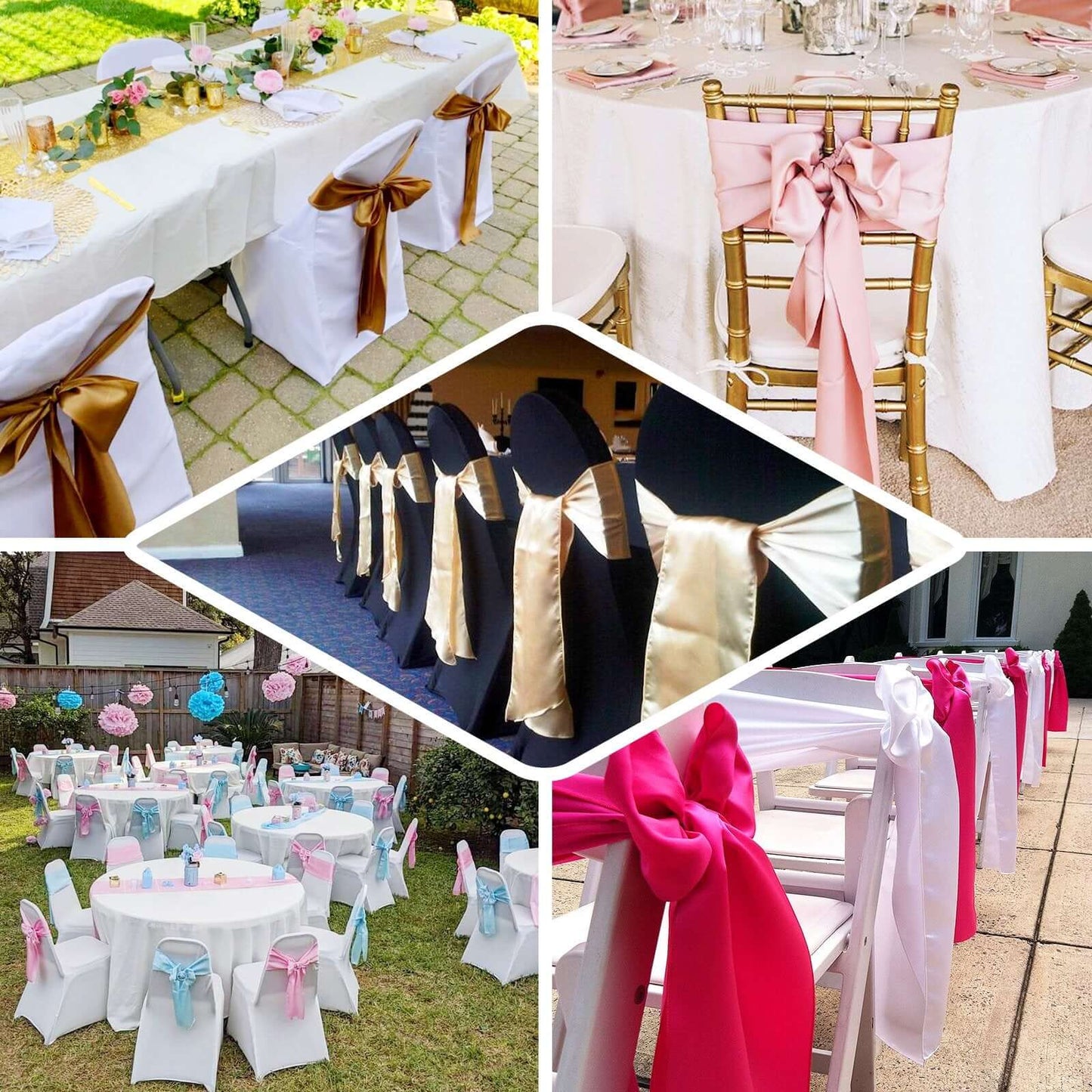 5 Pack Satin Chair Sashes Pink - Durable Chair Bows with Shiny Finish 6"x106"
