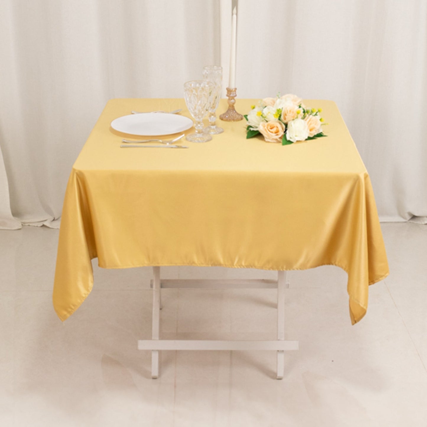 Lamour Satin 54"x54" Square Tablecloth Champagne - Durable & Silk-Like Table Cover