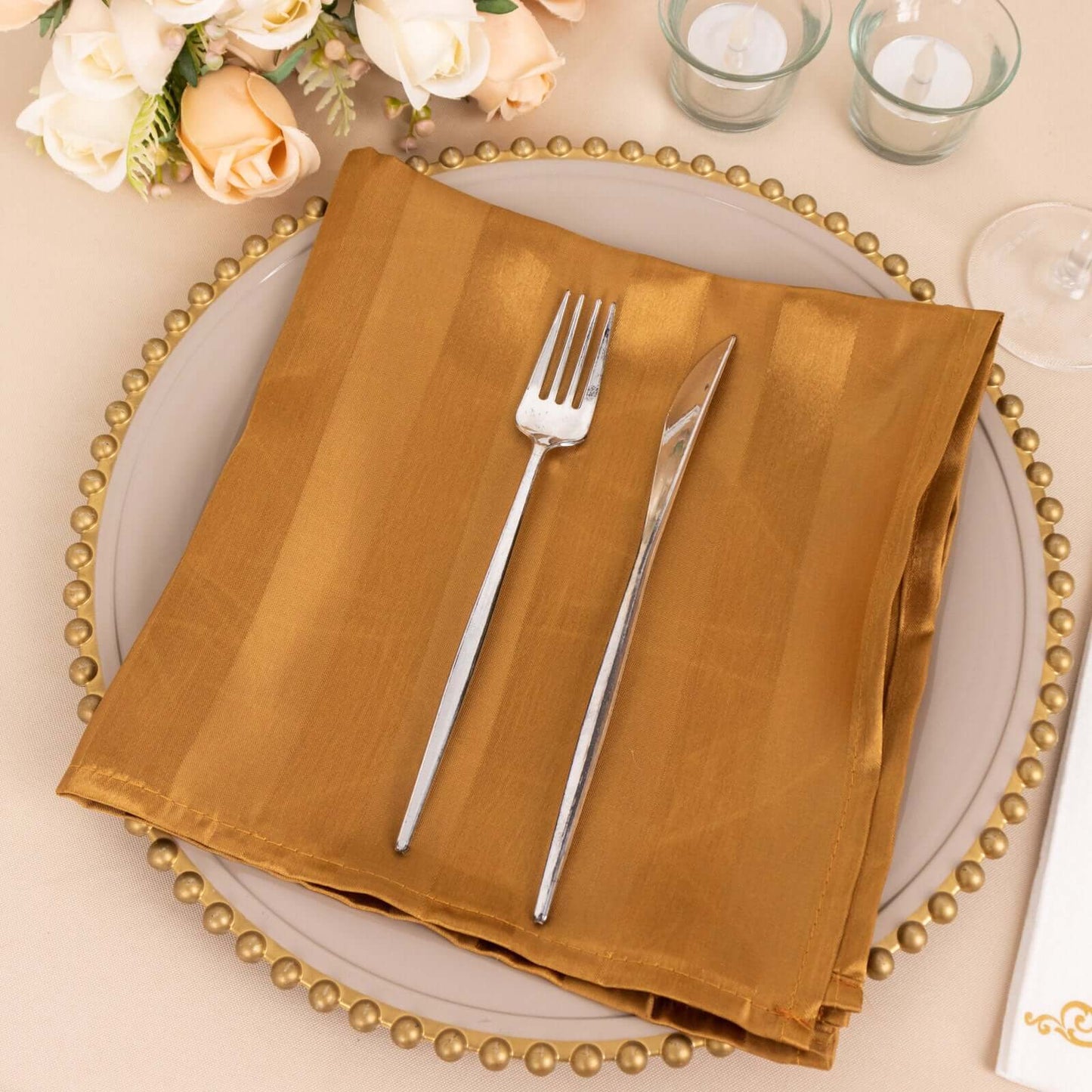 5 Pack Satin 20"x20" Napkins Gold Glossy Stripes - Durable & Wrinkle-Free Cloth Napkins