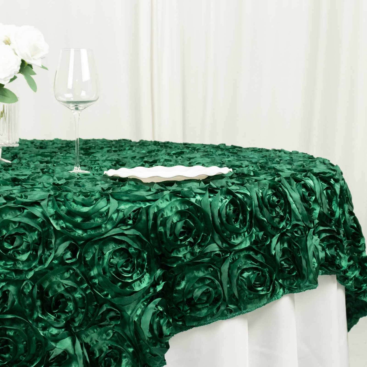 Satin 72"x72" Table Overlay Square Tablecloth Hunter Emerald Green - 3D Rosette Table Cover