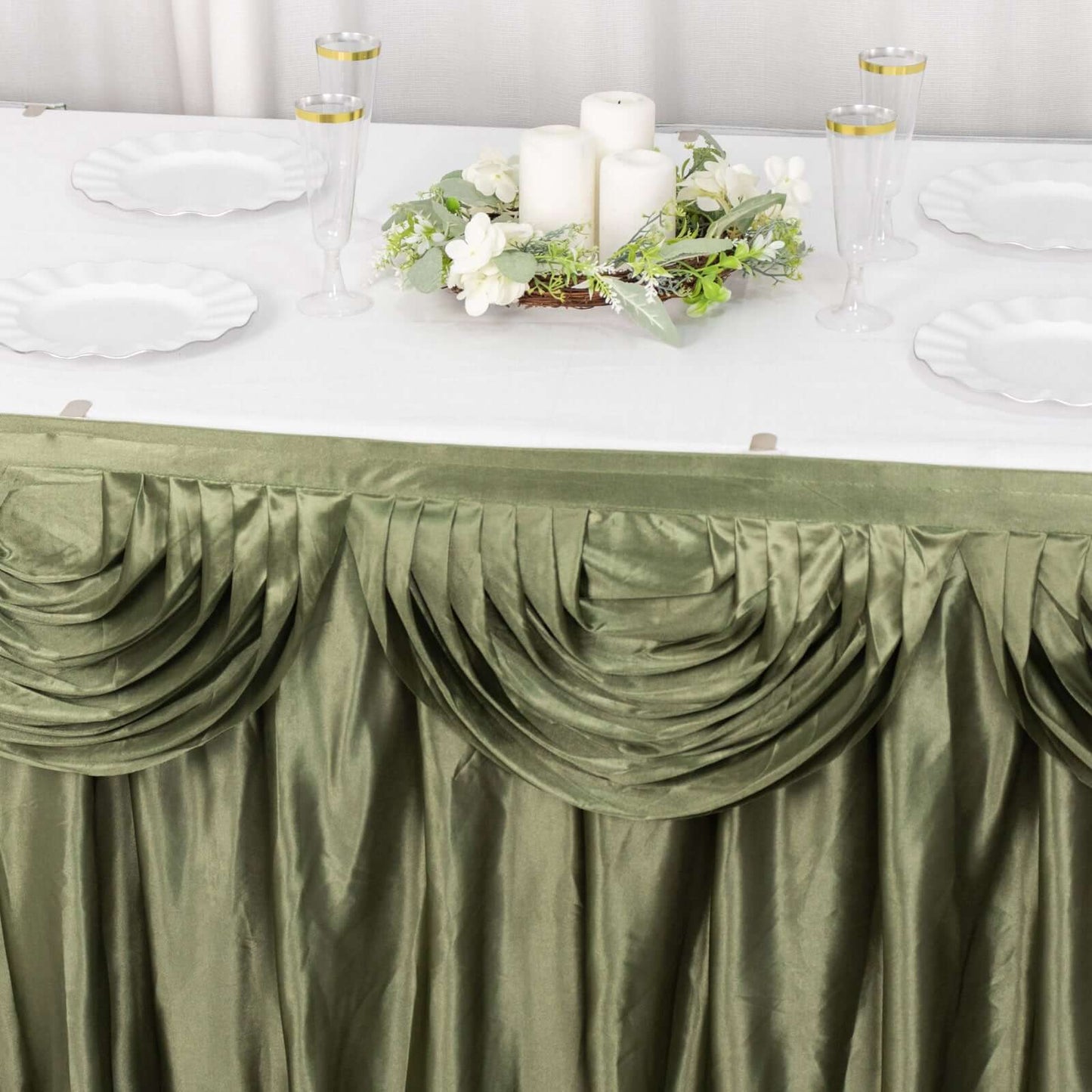 Satin 14ft Table Skirt Dusty Sage Green - Pleated Double Drape Table Cover