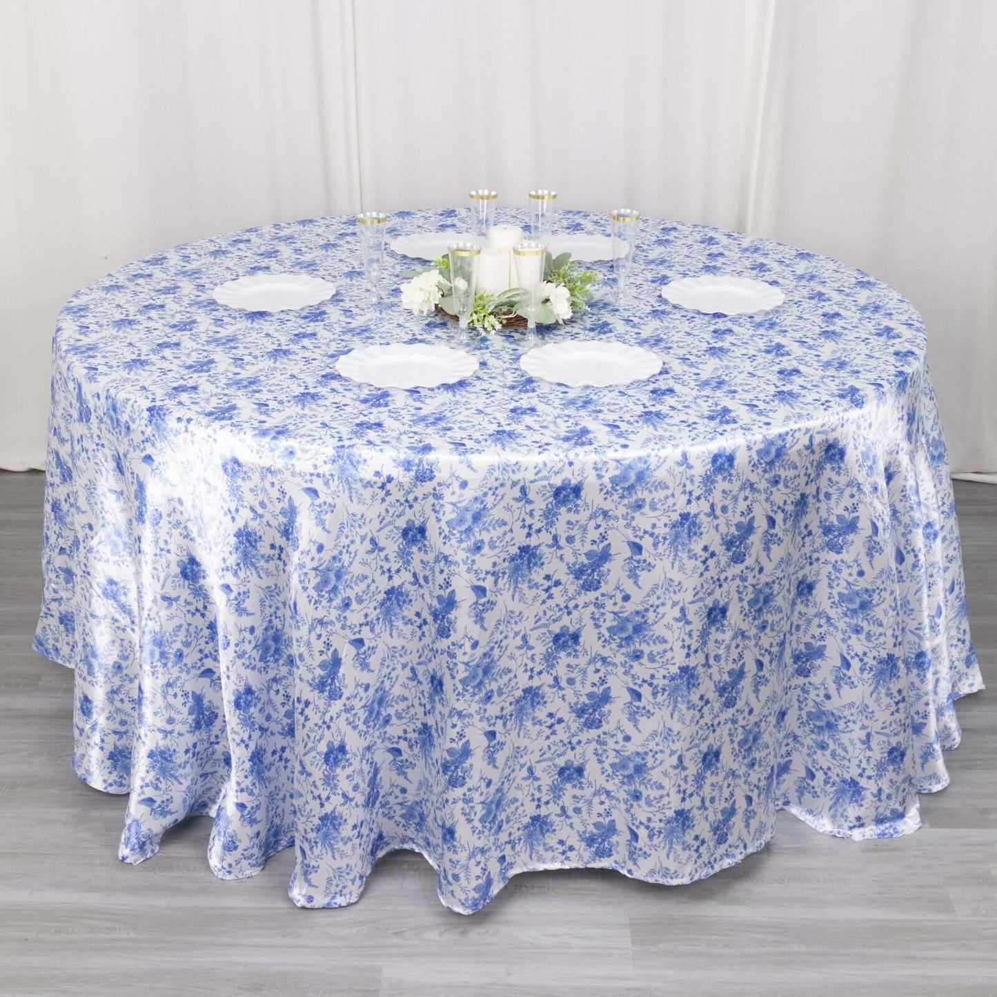 Satin Round 120" Tablecloth White/Blue French Toile Design - Seamless Stylish & Wrinkle-Resistant Table Cover