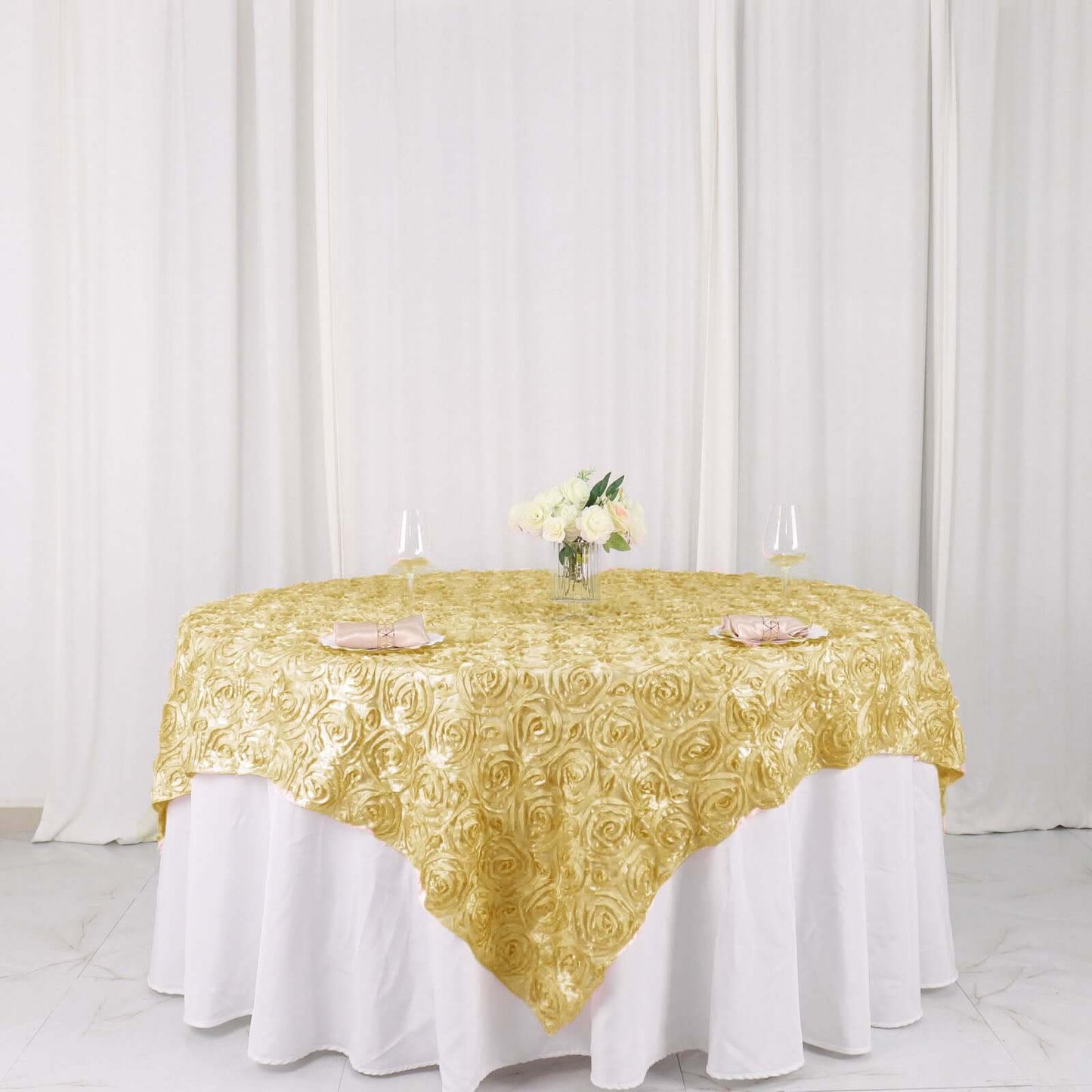 Satin 72"x72" Table Overlay Square Tablecloth Champagne - 3D Rosette Table Cover