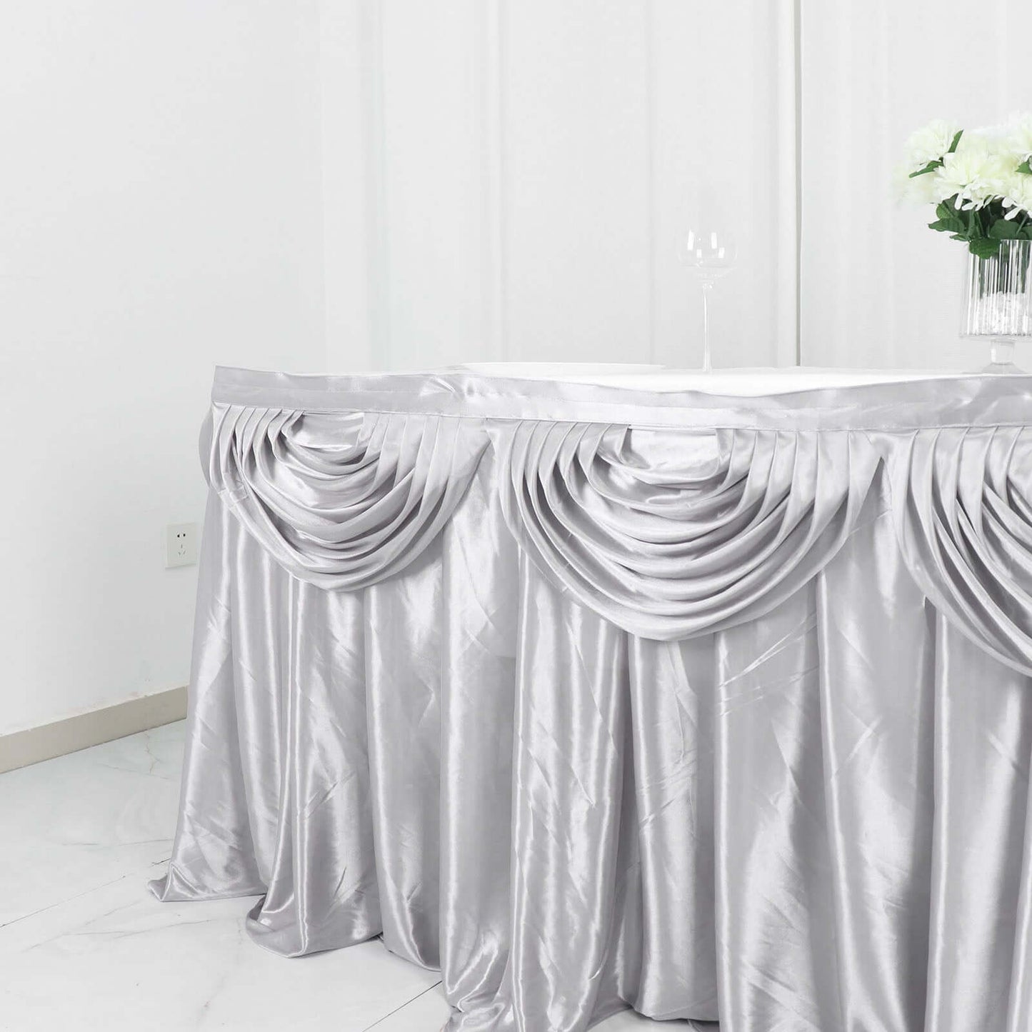 Satin 14ft Table Skirt Silver - Pleated Double Drape Table Cover
