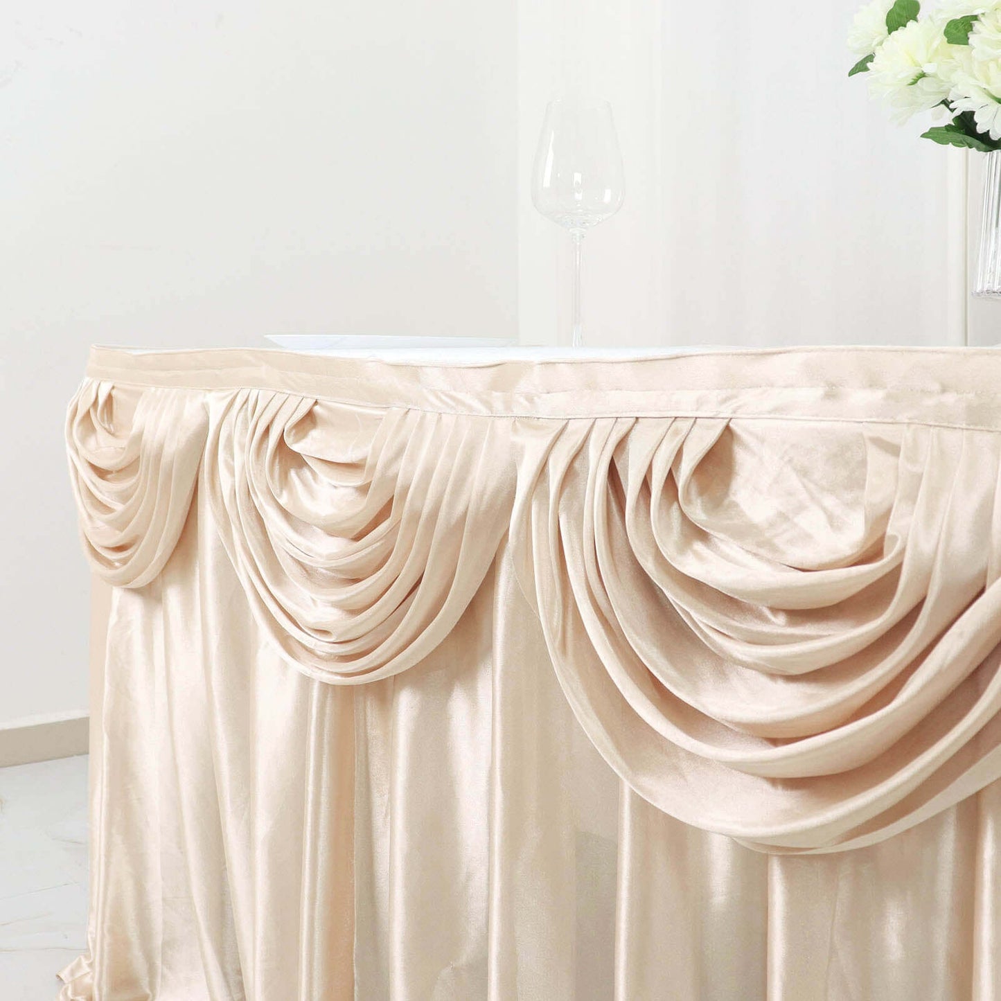 Satin 14ft Table Skirt Beige - Pleated Double Drape Table Cover