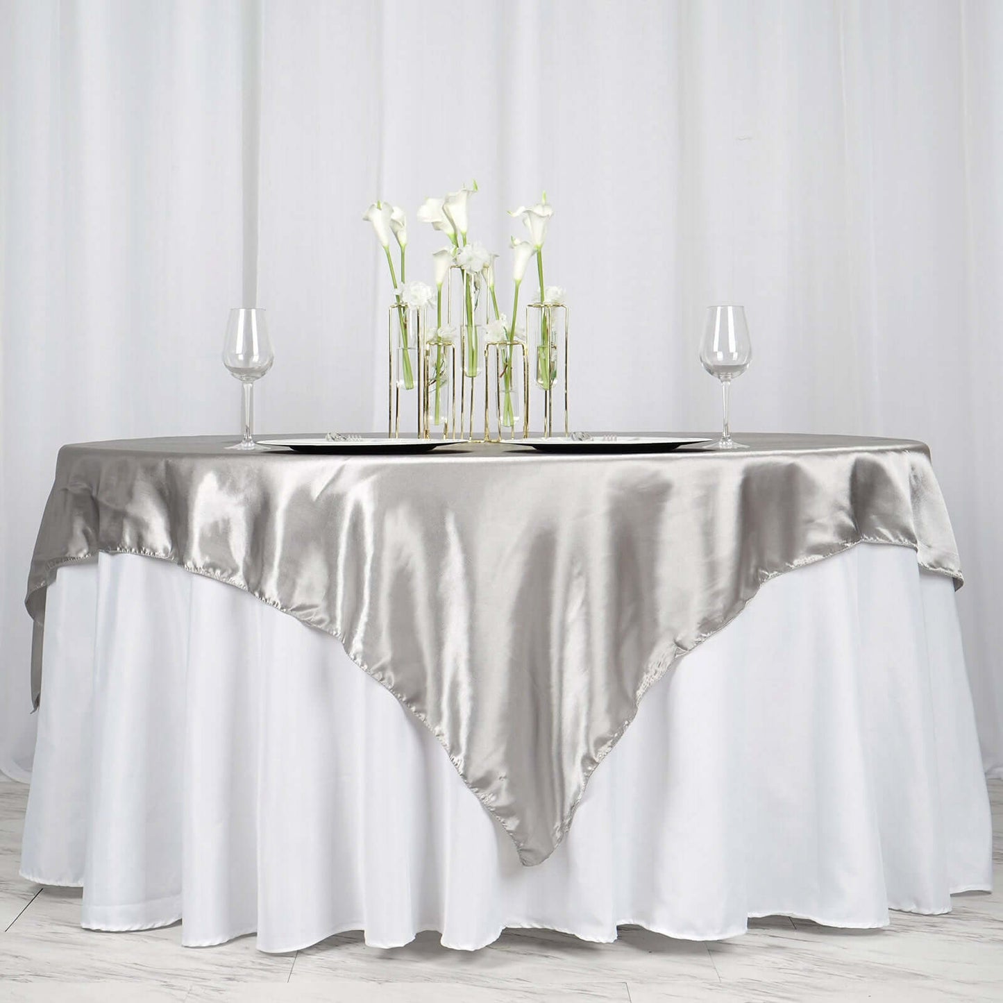 Satin 72"x72" Table Overlay Square Tablecloth Silver - Smooth Finish Table Cover