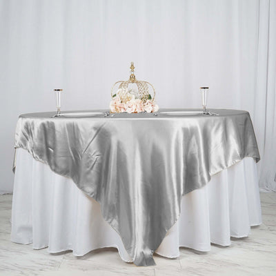 Satin 90"x90" Table Overlay Square Tablecloth Silver - Smooth Finish Table Topper