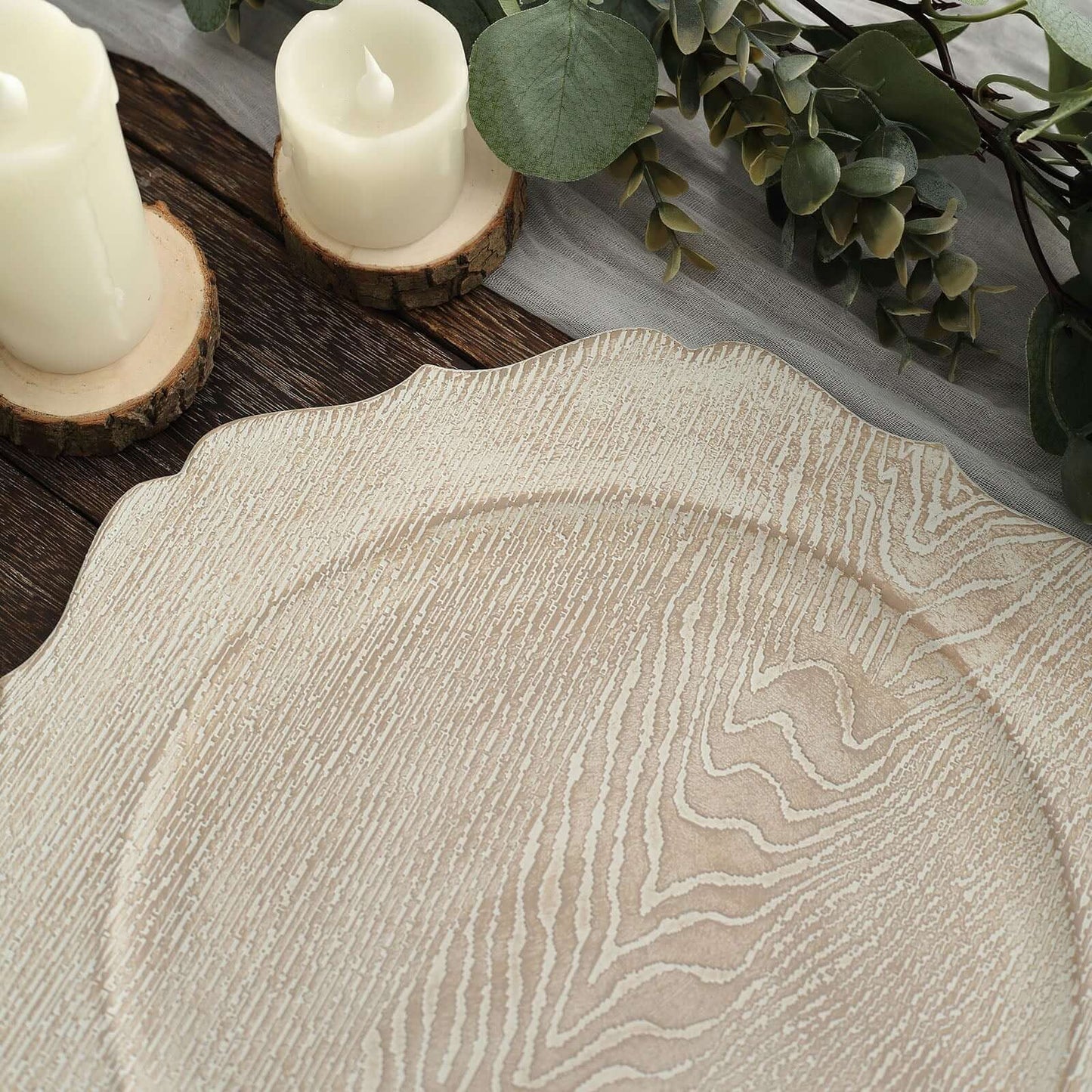 6-Pack Acrylic Round Charger Plates 13" in Rustic White with Wood Grain Scalloped Rim, Decorative Dinner Party Charger Tableware