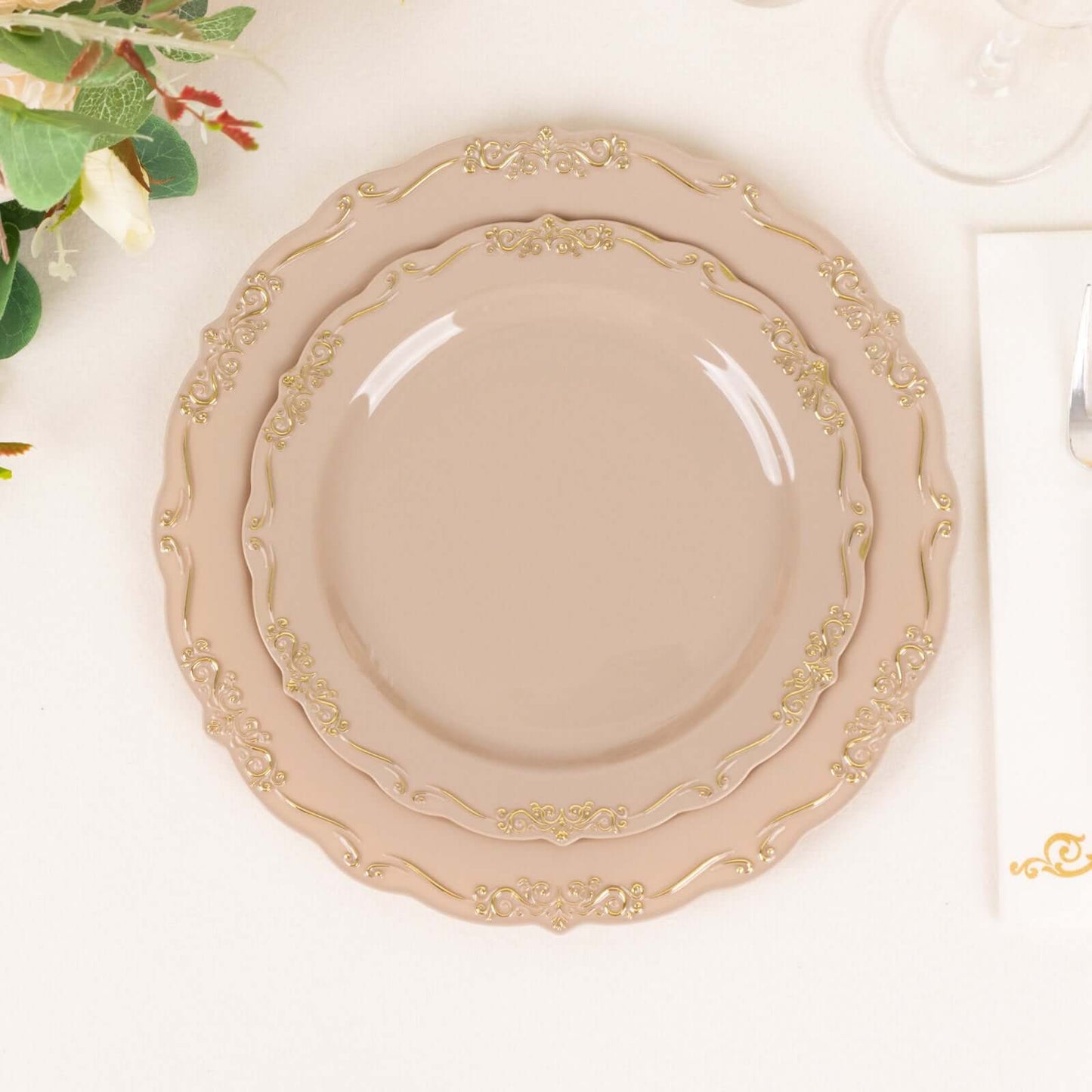 10-Pack Plastic 7" Round Dessert Plates in Taupe with Gold Vintage Embossed Rim - Sturdy Disposable Scalloped Edge Salad Plates
