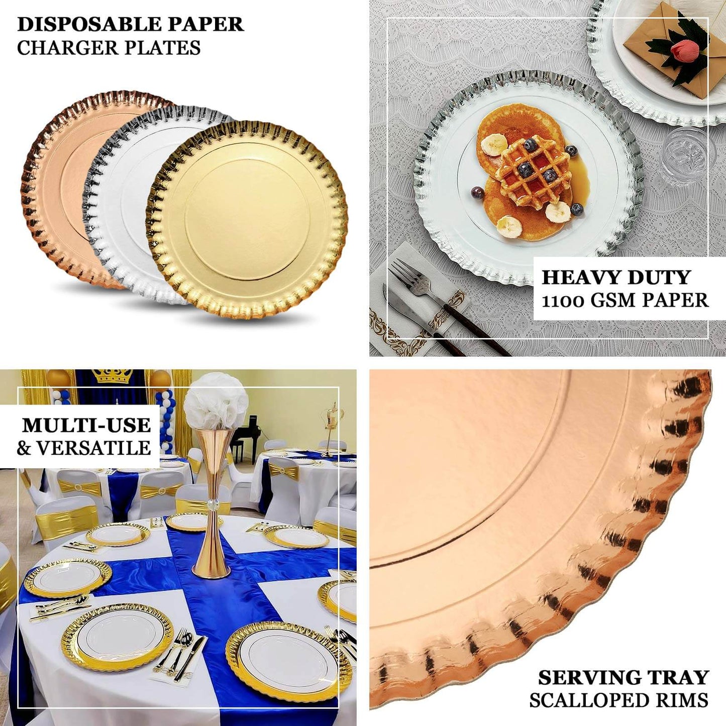 10-Pack Paper 13" Round Charger Plates in Silver with Scalloped Rims - Heavy Duty Disposable 1100GSM Serving Trays for Glam Events & Wedding Receptions