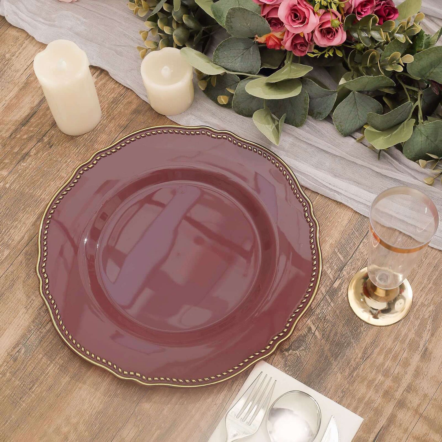10-Pack Plastic 10" Dinner Plates in Cinnamon Rose with Gold Scalloped Rim - Disposable Large Party Plates