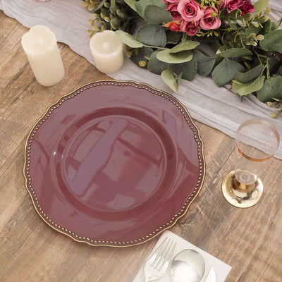 10-Pack Plastic 10" Dinner Plates in Cinnamon Rose with Gold Scalloped Rim - Disposable Large Party Plates
