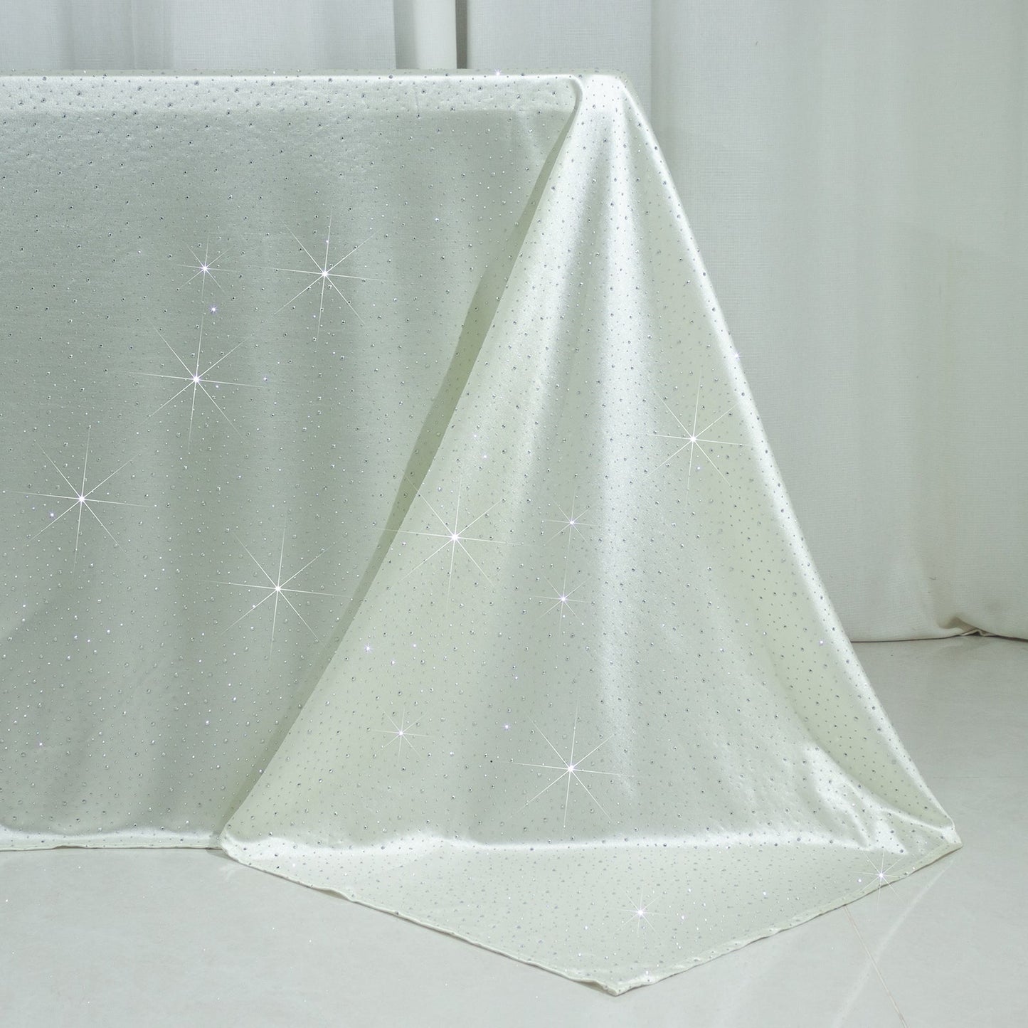 Scuba Rectangular Tablecloth 90"Ã—156" Pearl White with Rhinestone Accents â€“ Seamless, Wrinkle-Free, Stain-Resistant Event Linen