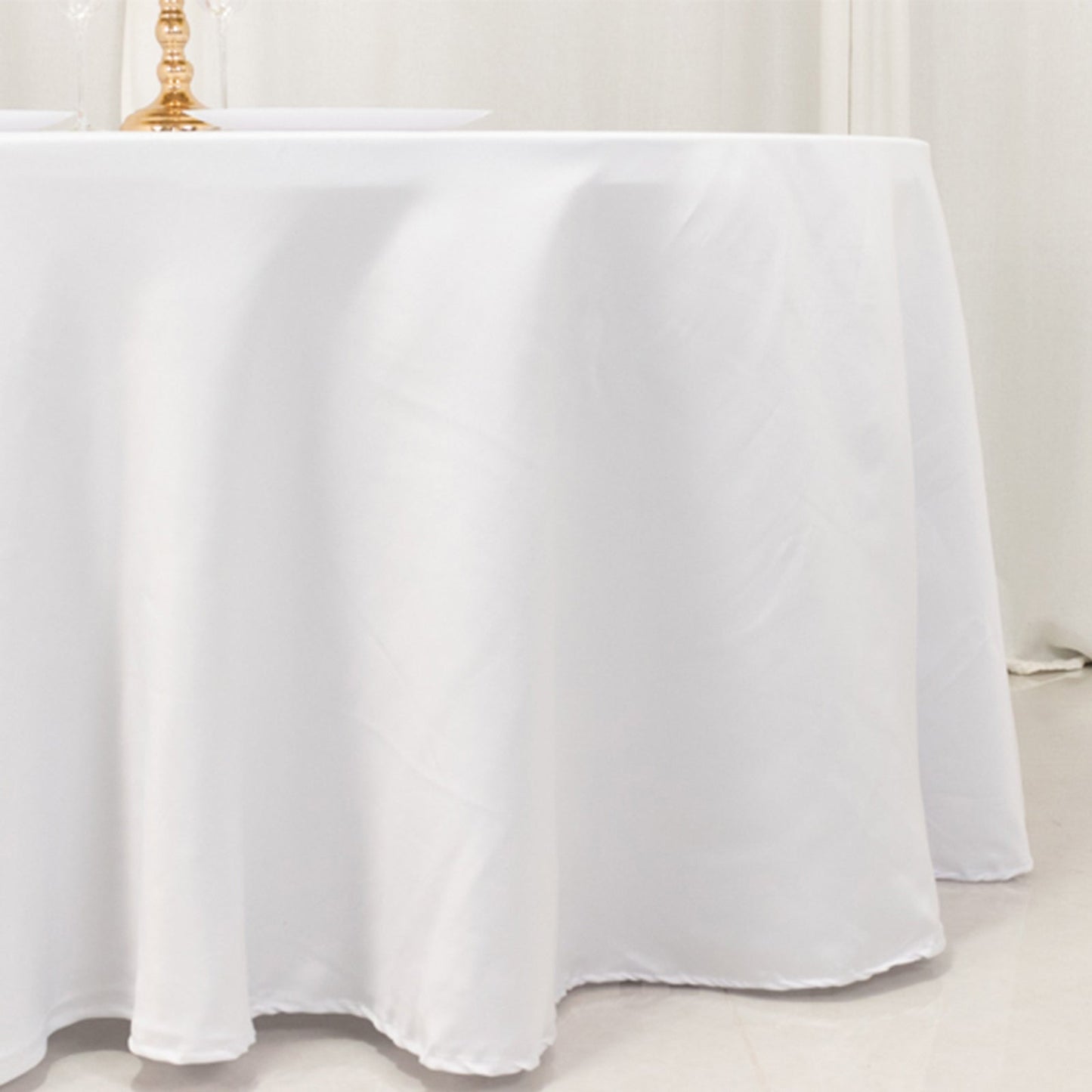 Lamour Satin 120" Round Tablecloth White - Seamless Table Cover with Soft Tempered Sheen for Upscale Gatherings