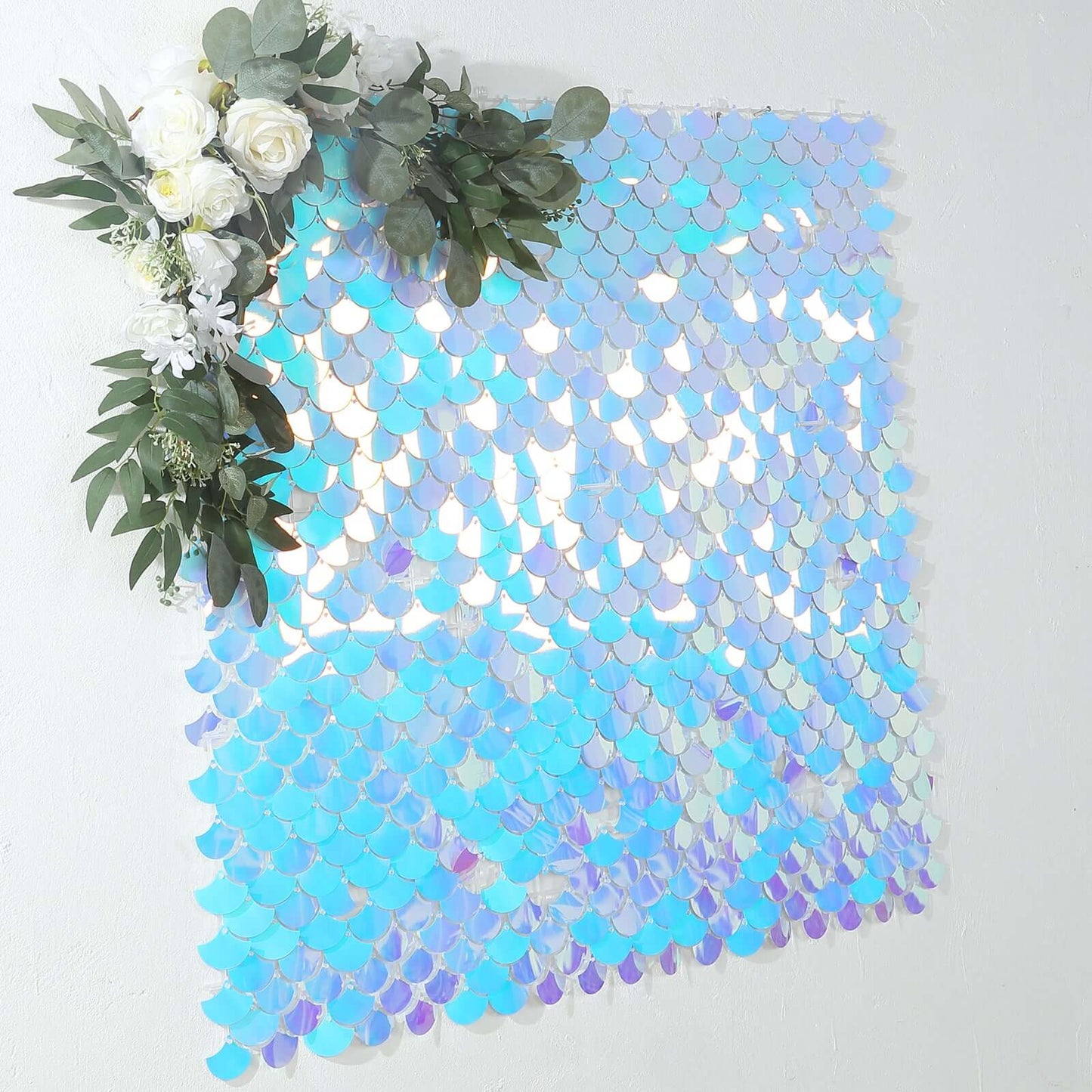 24sq.ft Shiny Iridescent Blue Sequin Shimmer Wall Photo Backdrop with Mermaid Scales Pattern, Party Wall Art DÃ©cor Panels - 24 Panels