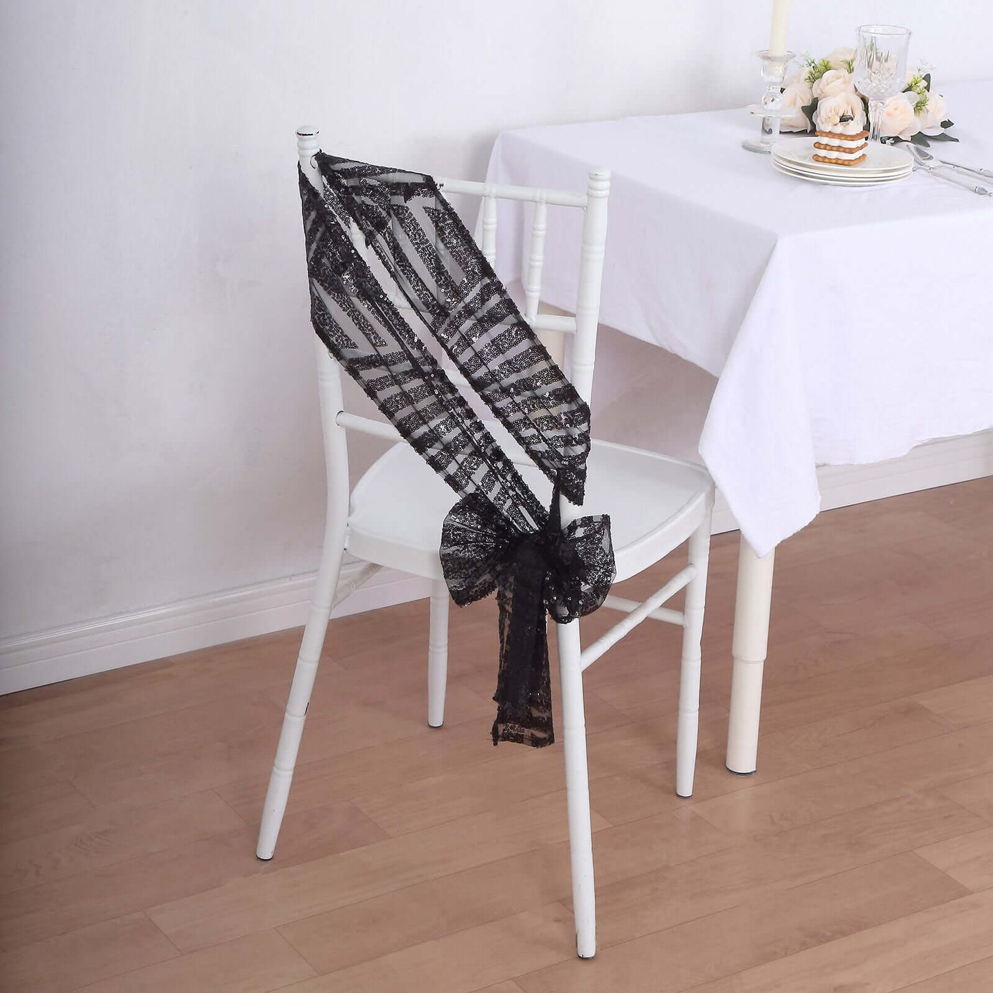 5 Pack Glitz Sequin Chair Sashes with Geometric Diamond Design 6"x88" Black - Glittering Accent for Weddings