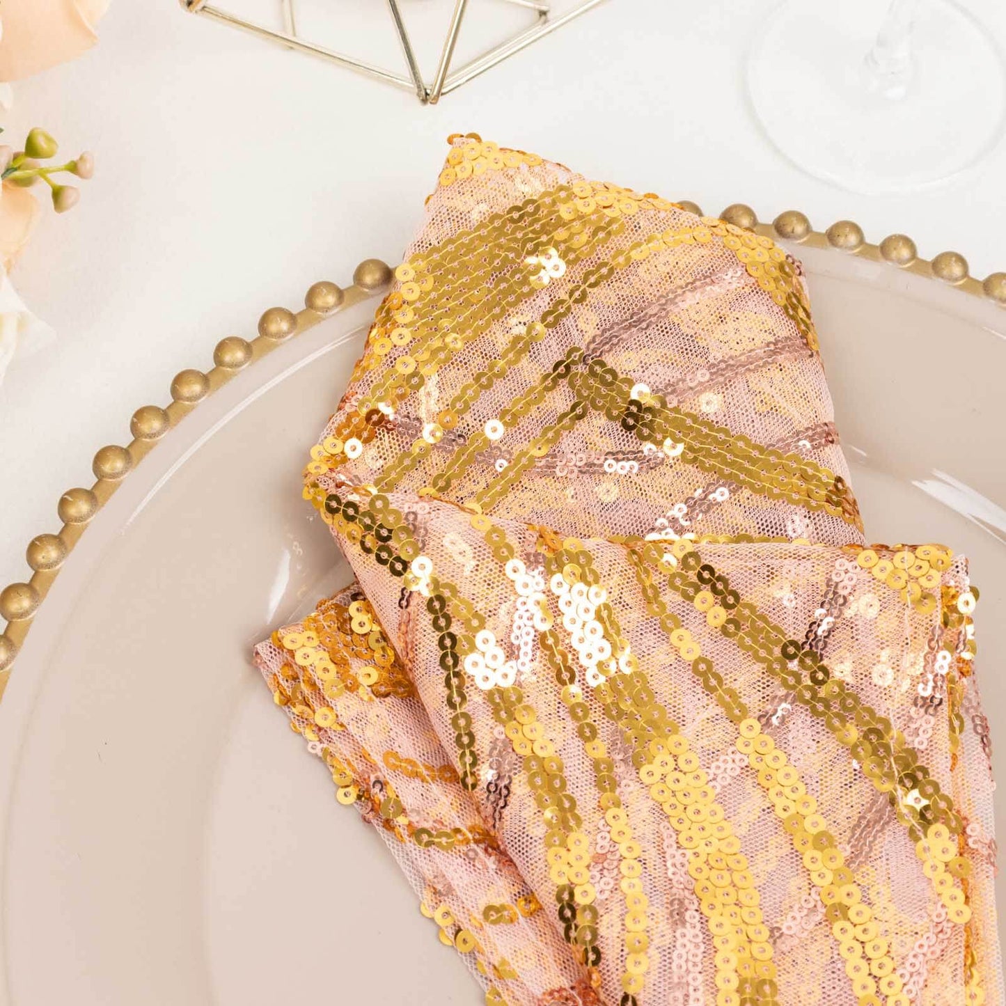 Sequin Mesh 20"x20" Napkin Rose Gold - Wave Embroidered Reusable Napkin
