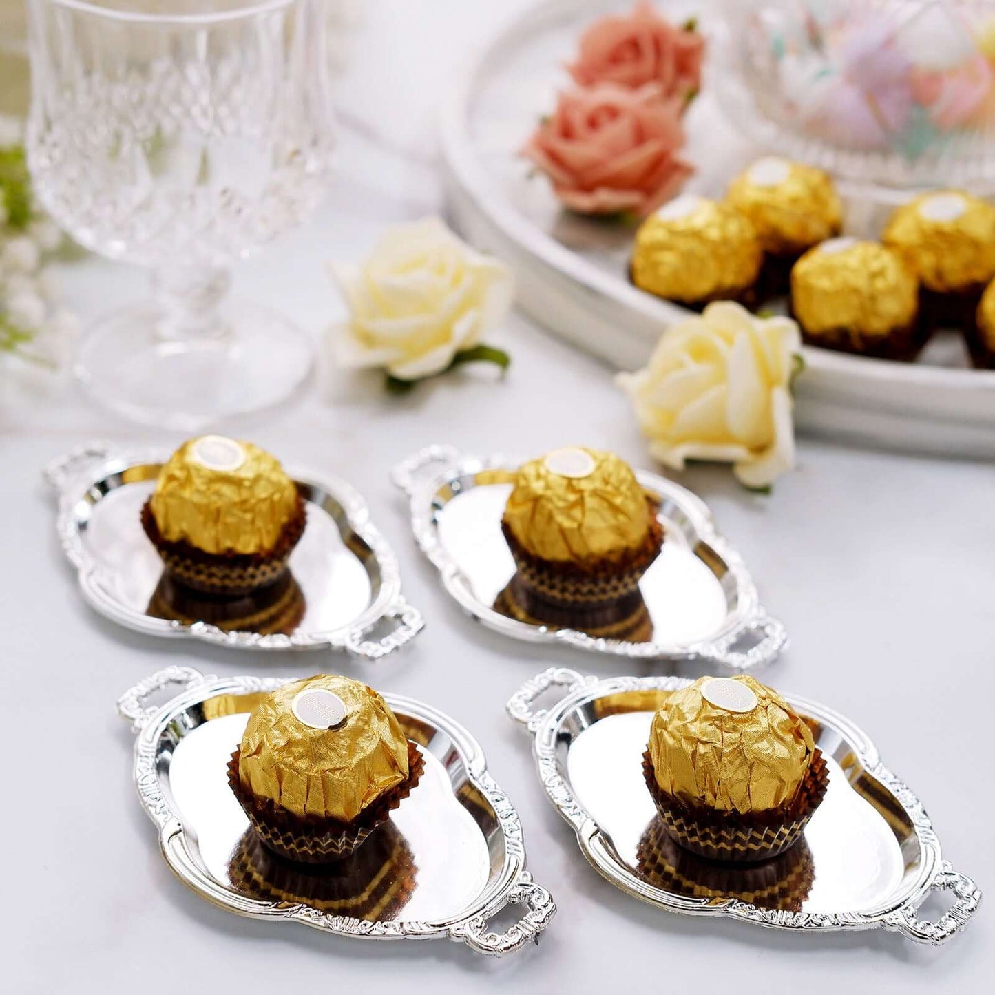 12-Pack Display Trays Party Favor Baroque Oval Design Silver - Mini Serving Platters for Sweets and Desserts 4.5"