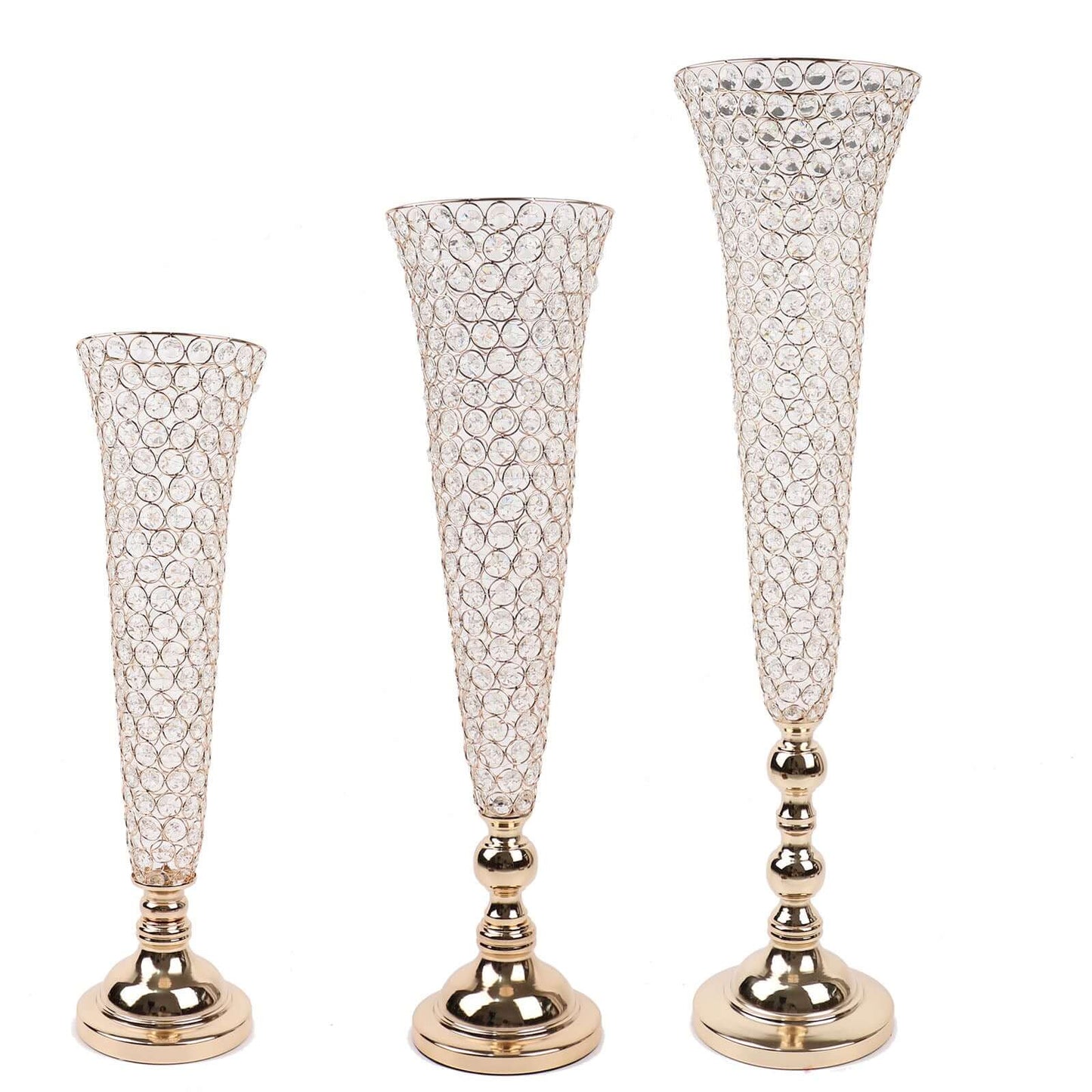 2-Pack Crystal Beaded Trumpet Vase Set Gold - Table Centerpiece for Grand Occasions 40"