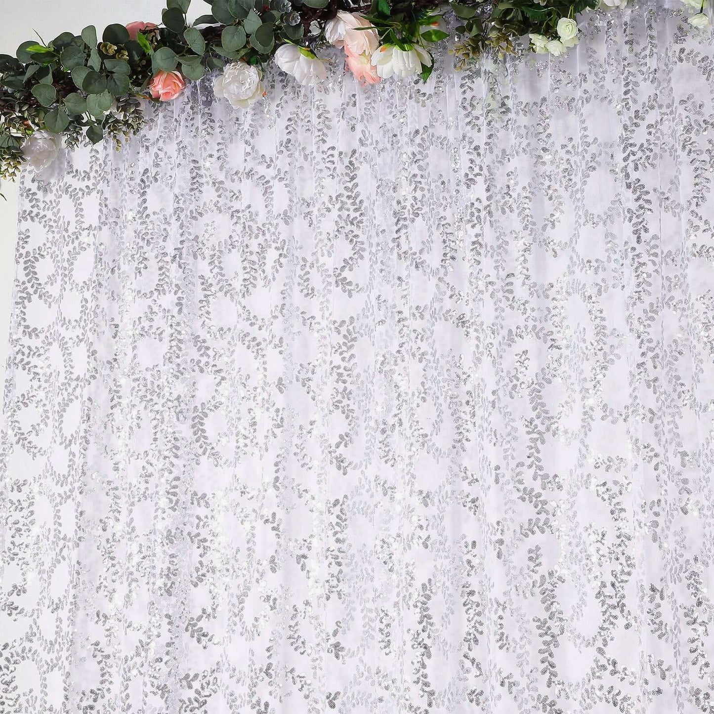 8ftx8ft Silver Embroider Sequin Event Curtain Drapes, Sparkly Sheer Backdrop Event Panel With Embroidery Leaf