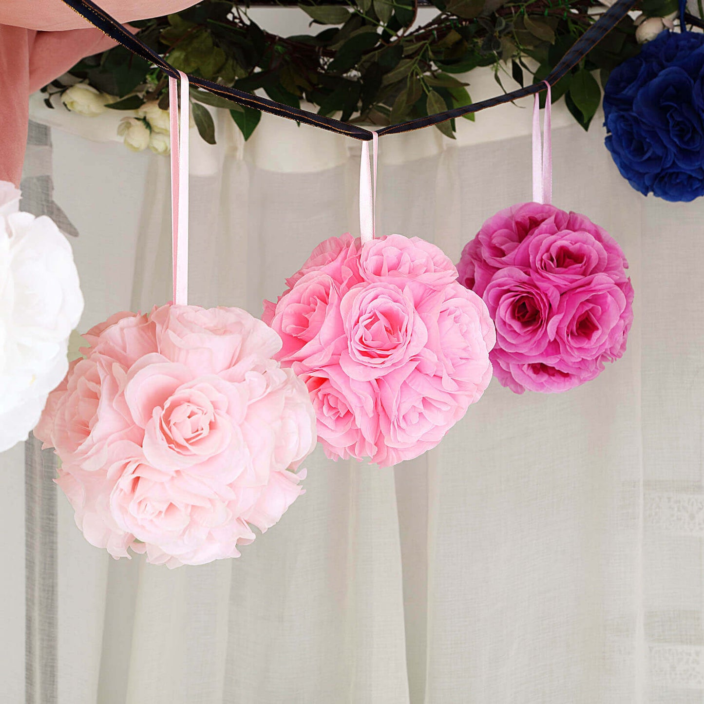2 Pack 7" Blush Artificial Silk Rose Kissing Ball, Flower Ball