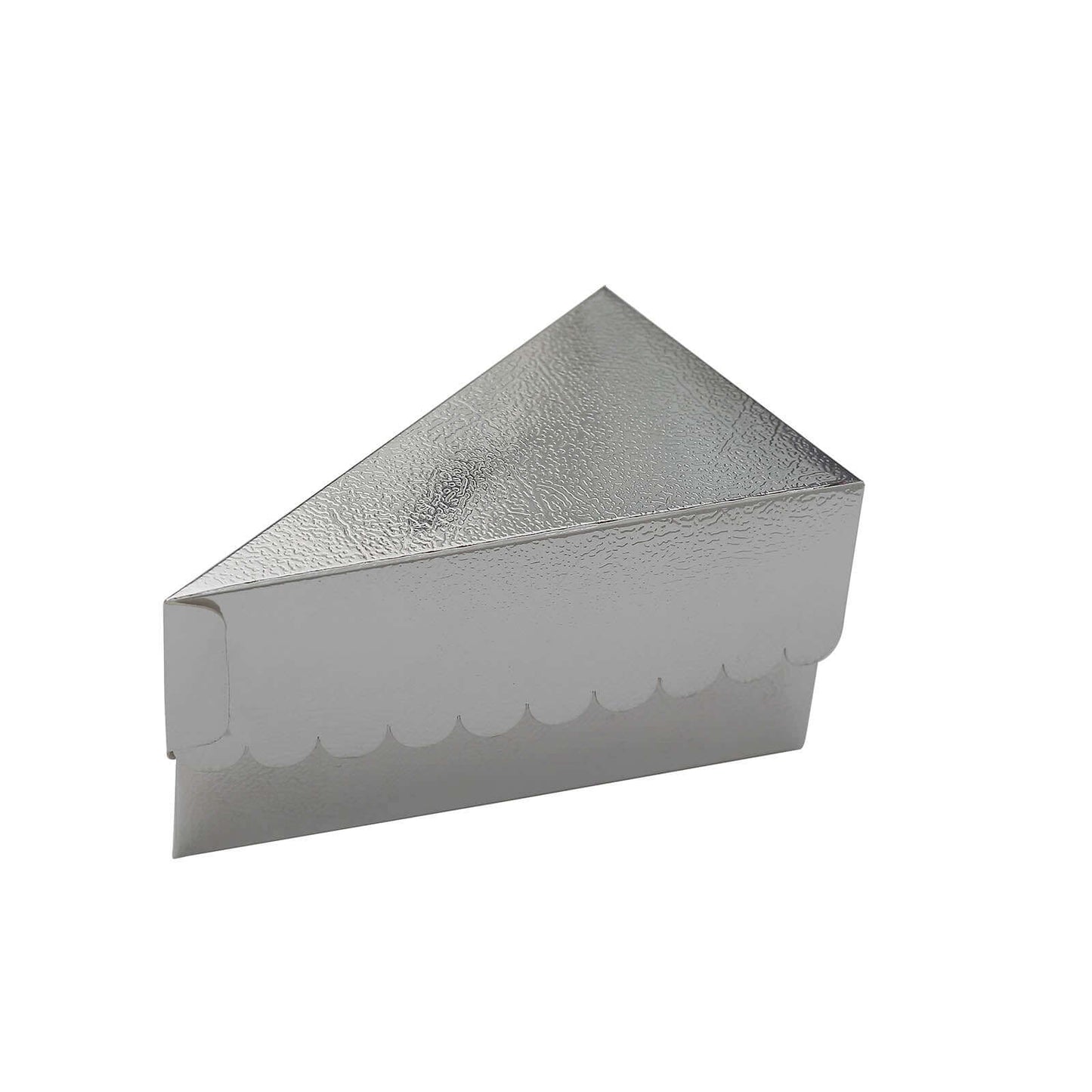 10-Pack Cardstock Triangle Cake Slice Boxes Metallic Silver with Scalloped Top - Decorative Takeaway Dessert Containers for Pie Snacks & Party Favors 5"x3"
