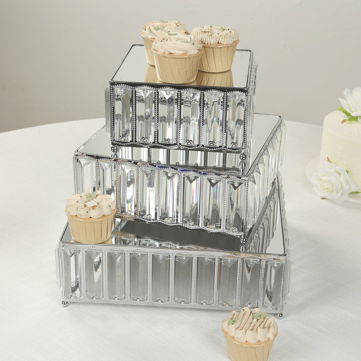 Set of 3 Silver Metal Crystal Pendant Cake Stands with Mirror Top, Stackable Square Dessert Display Trays - 7",10",12"