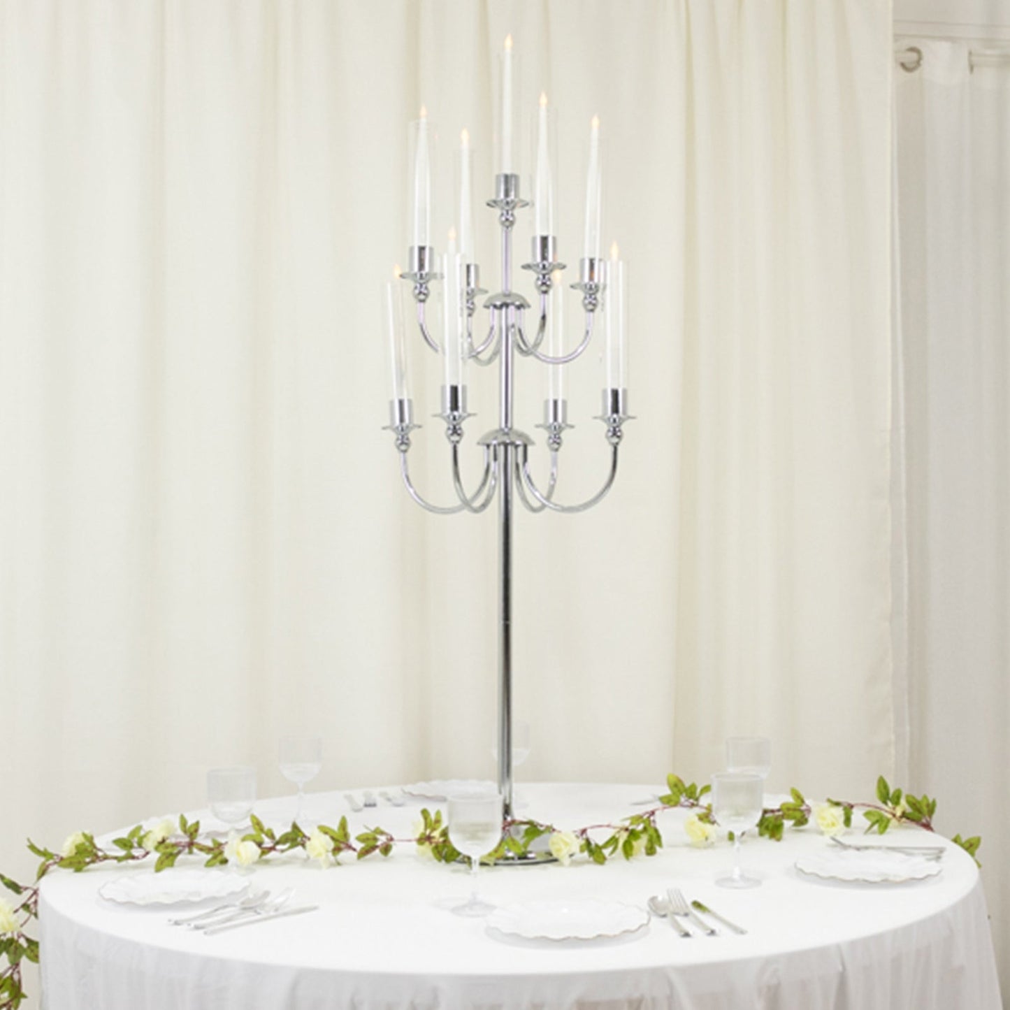 Metal Floor Candelabra Candle Holder, 9-Arm Vintage Taper Stand Silver Table Centerpiece for Weddings & Parties 46" Tall