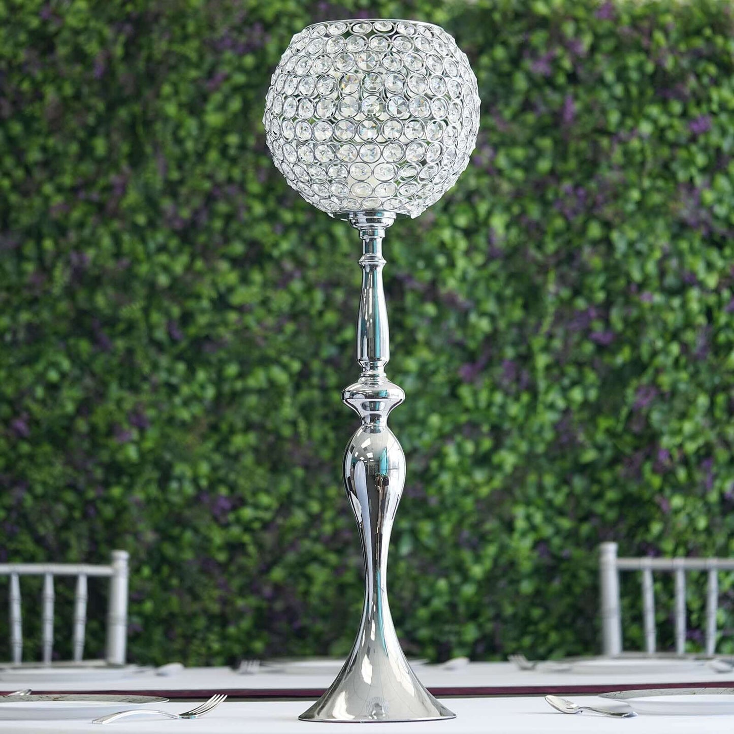 Acrylic Crystal Beaded Goblet Candle Holder Silver - Exquisite Flower Ball Centerpiece Stand for High-End Event Styling 30"