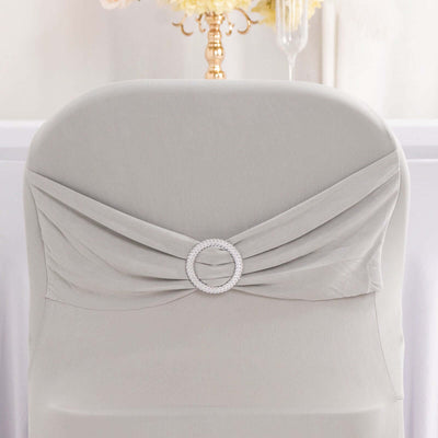 Stretch Spandex Chair Cover Silver for Folding Chairs - Secure Fit Slipcover with Silver Rhinestone Buckled Sash Band