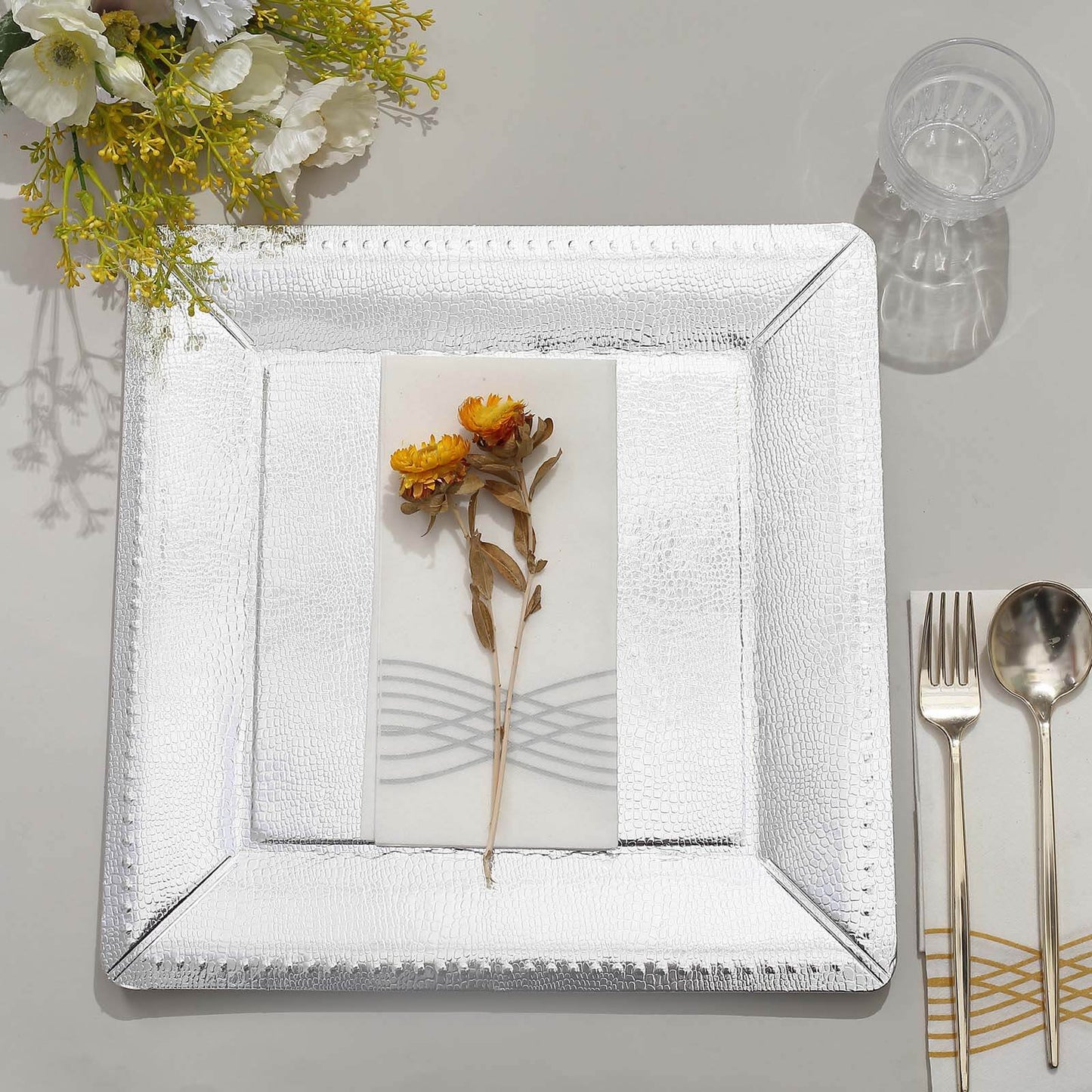 10-Pack Disposable Square Charger Plates in Silver with Leather Like Texture - 1100GSM Durable Paper Chargers 13"