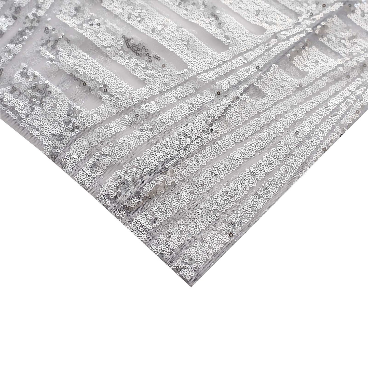 Set of 5 Silver Sequin Mesh Cylinder Pedestal Stand Covers with Geometric Pattern Embroidery, Sparkly Sheer Tulle Pillar Prop Covers