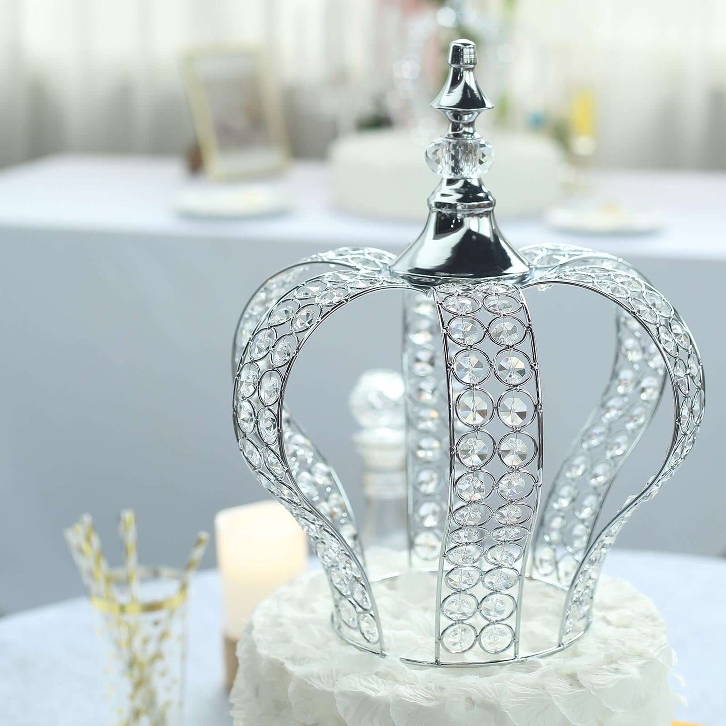 Crystal-Bead Royal Crown Cake Topper Metallic Silver - Dazzling Cake Centerpiece Decor for Luxurious Birthdays Receptions & Romantic Celebrations 14"
